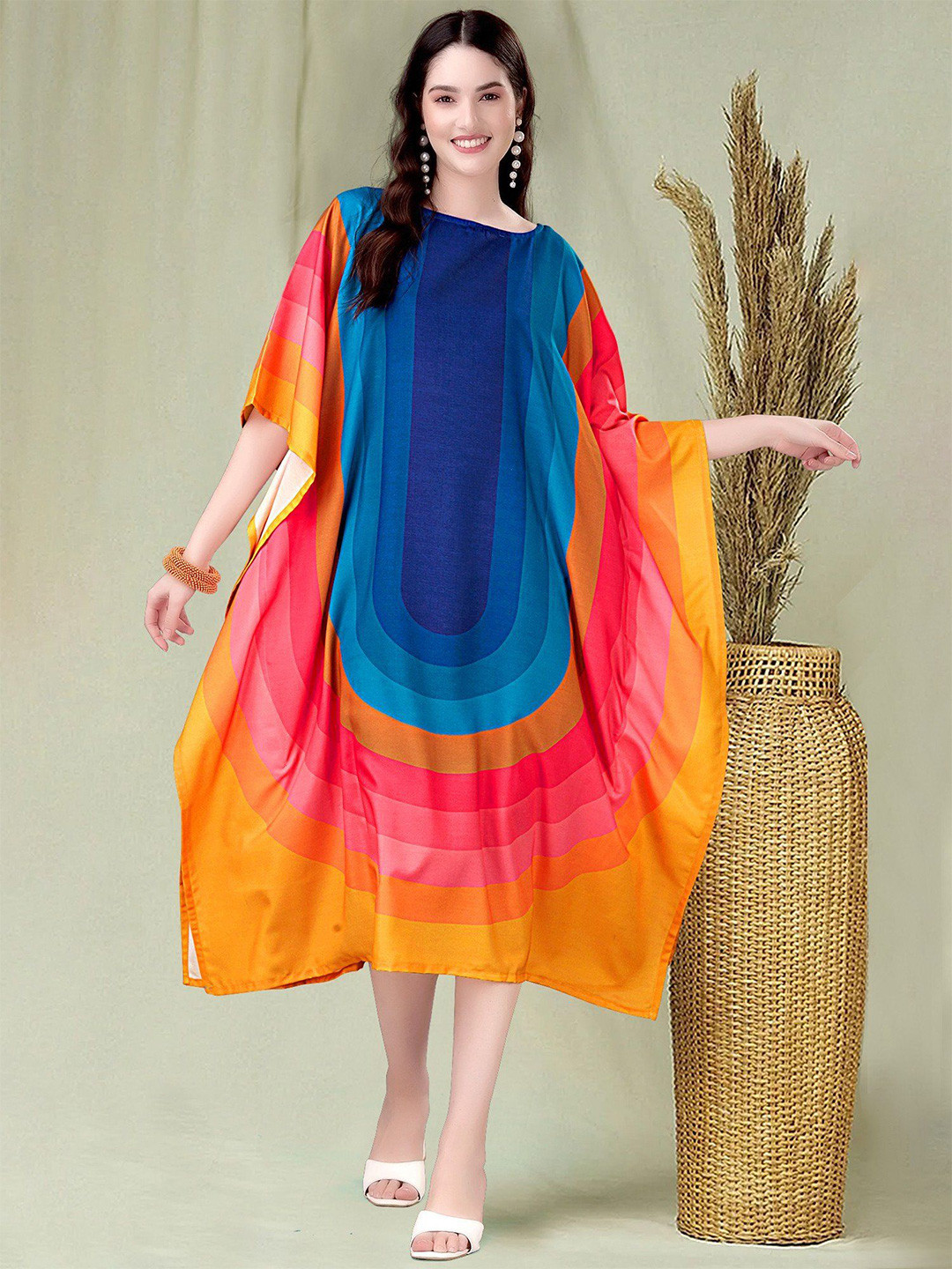 Exotic India Women Batwing Rainbow Printed Rayon Round Neck Midi Kaftan
