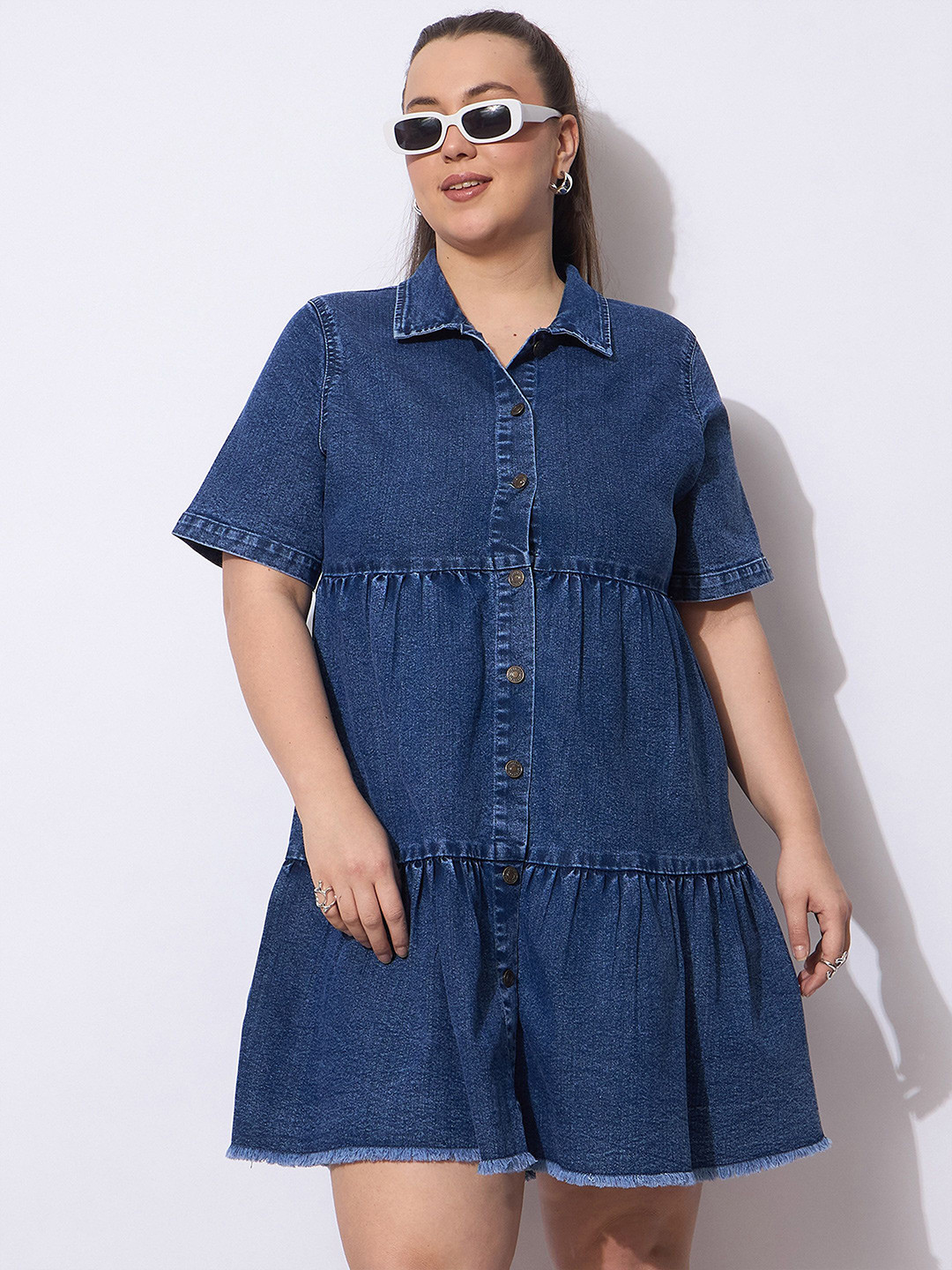 SASSAFRAS Curve Lapel Coller Denim Shirt Dress