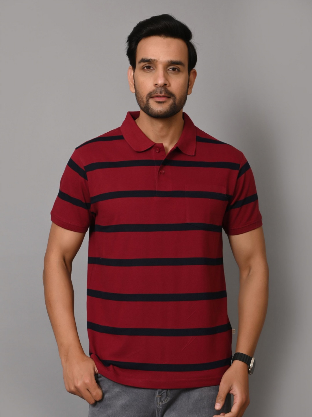 ARBOUR Men Striped Polo Collar Cotton Slim Fit T-shirt with Pocket Detail