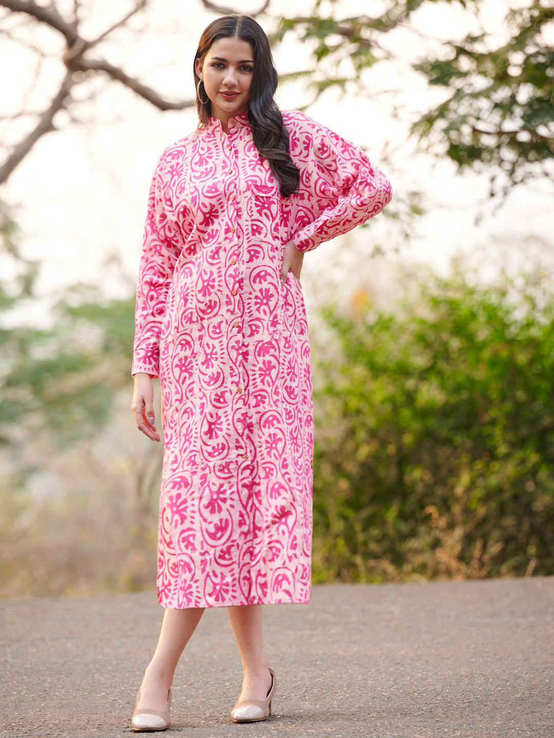 SALWAR STUDIO Classic Batik Hand Block Printed Pure Cotton Shirt Midi Dress