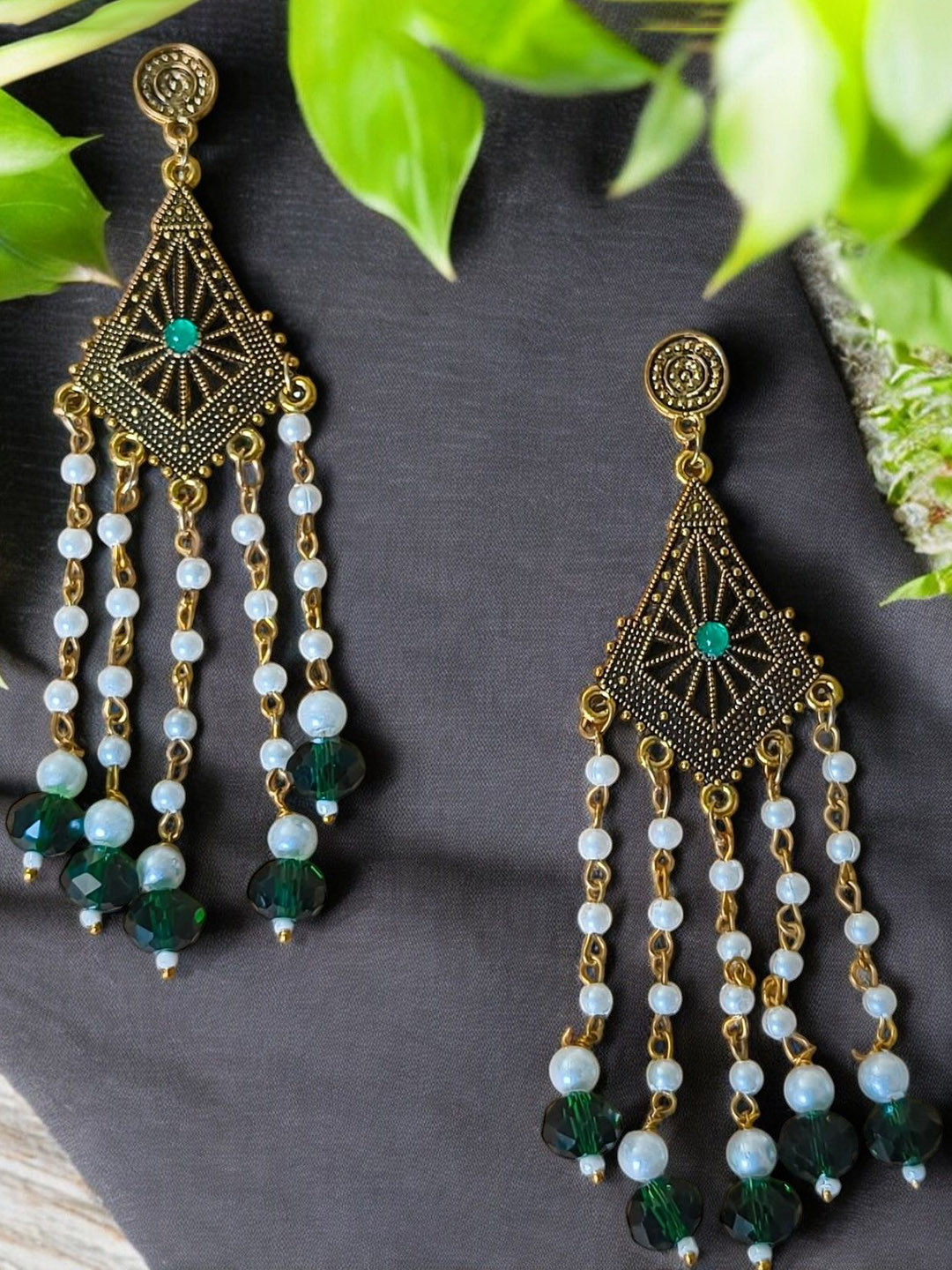 devanya crafts Brass-Plated Artificial Stones Studded& Beaded Contemporary Drop Earrings
