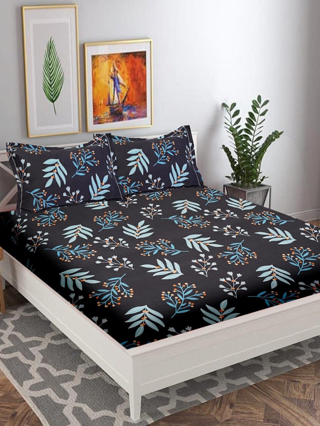 Wee Hours Navy Blue Floral Polycotton 210 TC Queen Fine Bedsheet with 2 Pillow Covers-91 x 100 inches