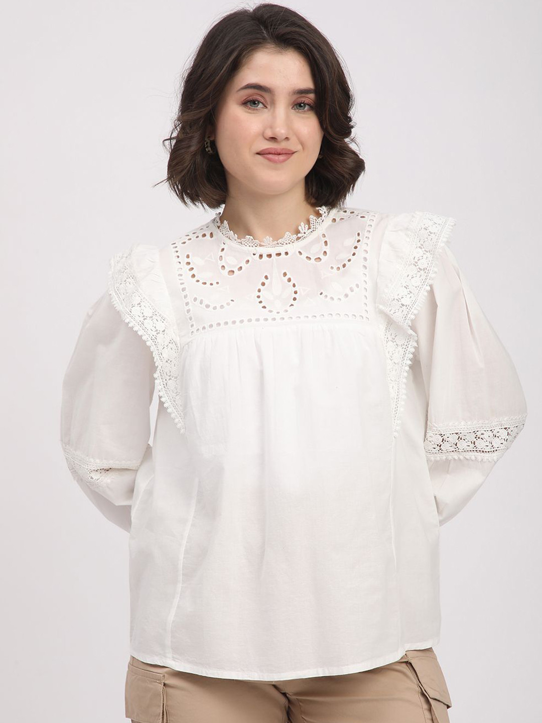 R&B Women Cotton Ruffles Blouson Top