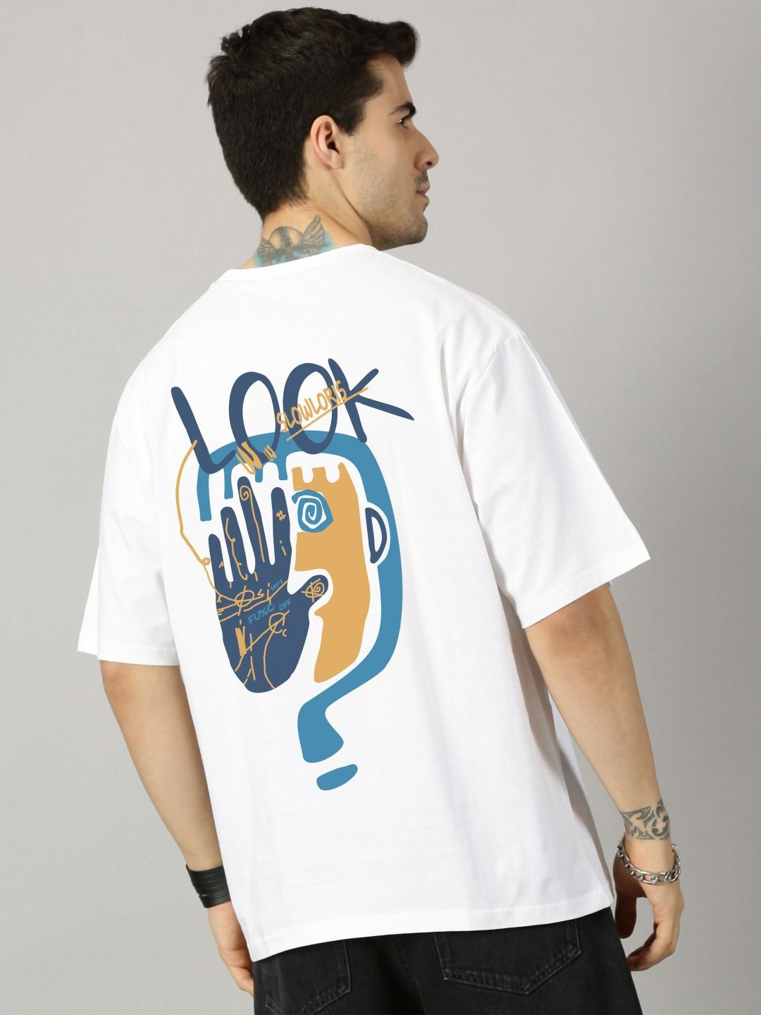 SLOWLORIS Men Graphic Printed Round Neck Oversized T-shirt