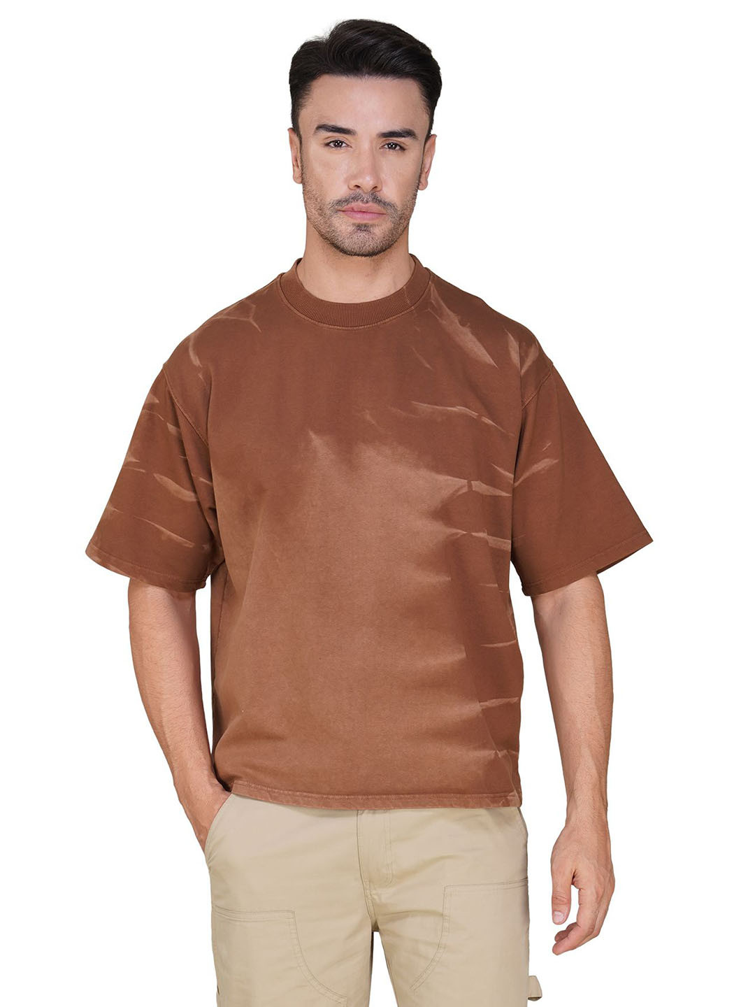 Jibumi Men Abstract Printed Round Neck Cotton Oversized T-shirt