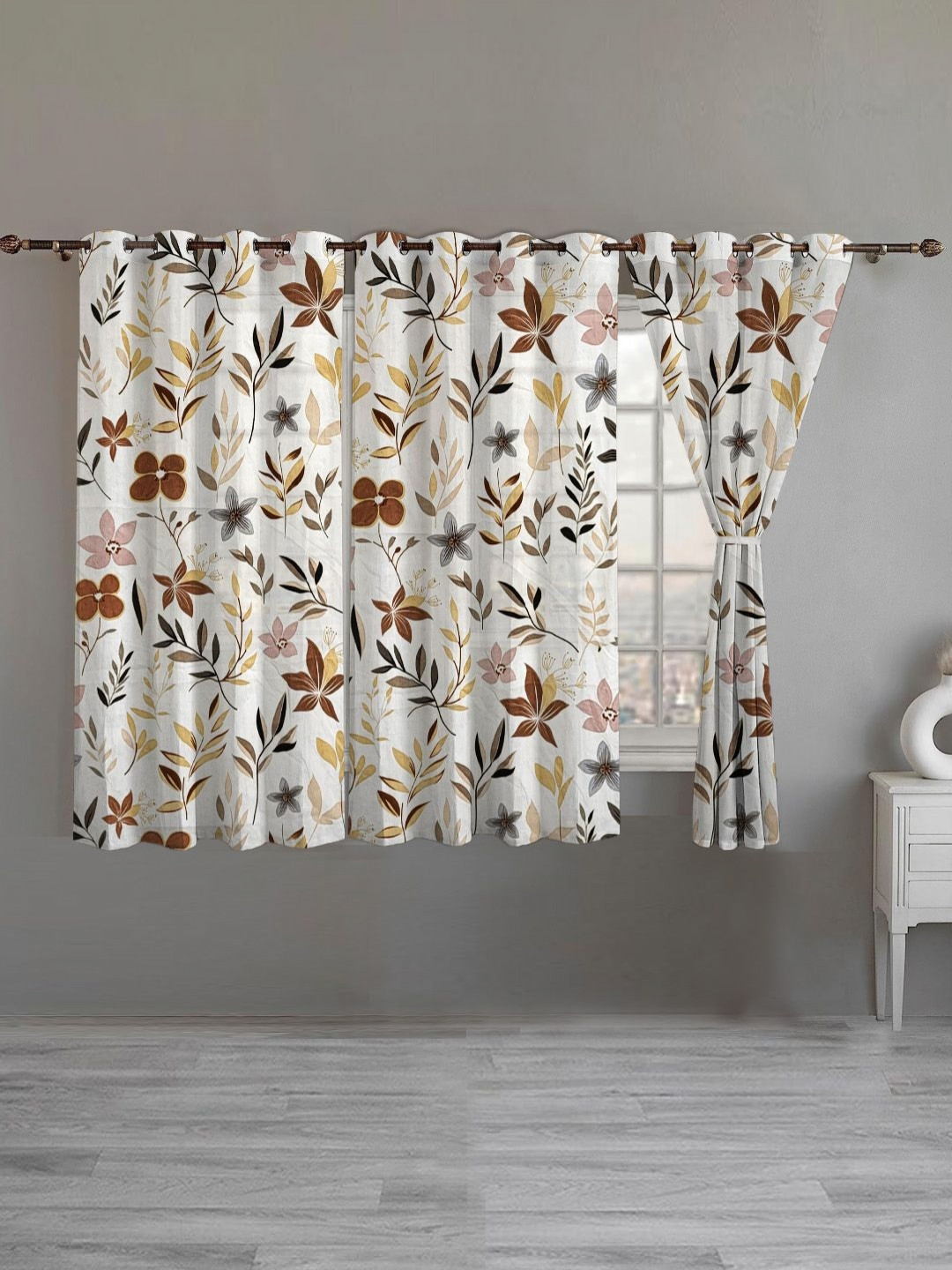ANA Coffee Brown & Purple 3 Pieces Floral Printed Room Darkening Cotton Window Curtain