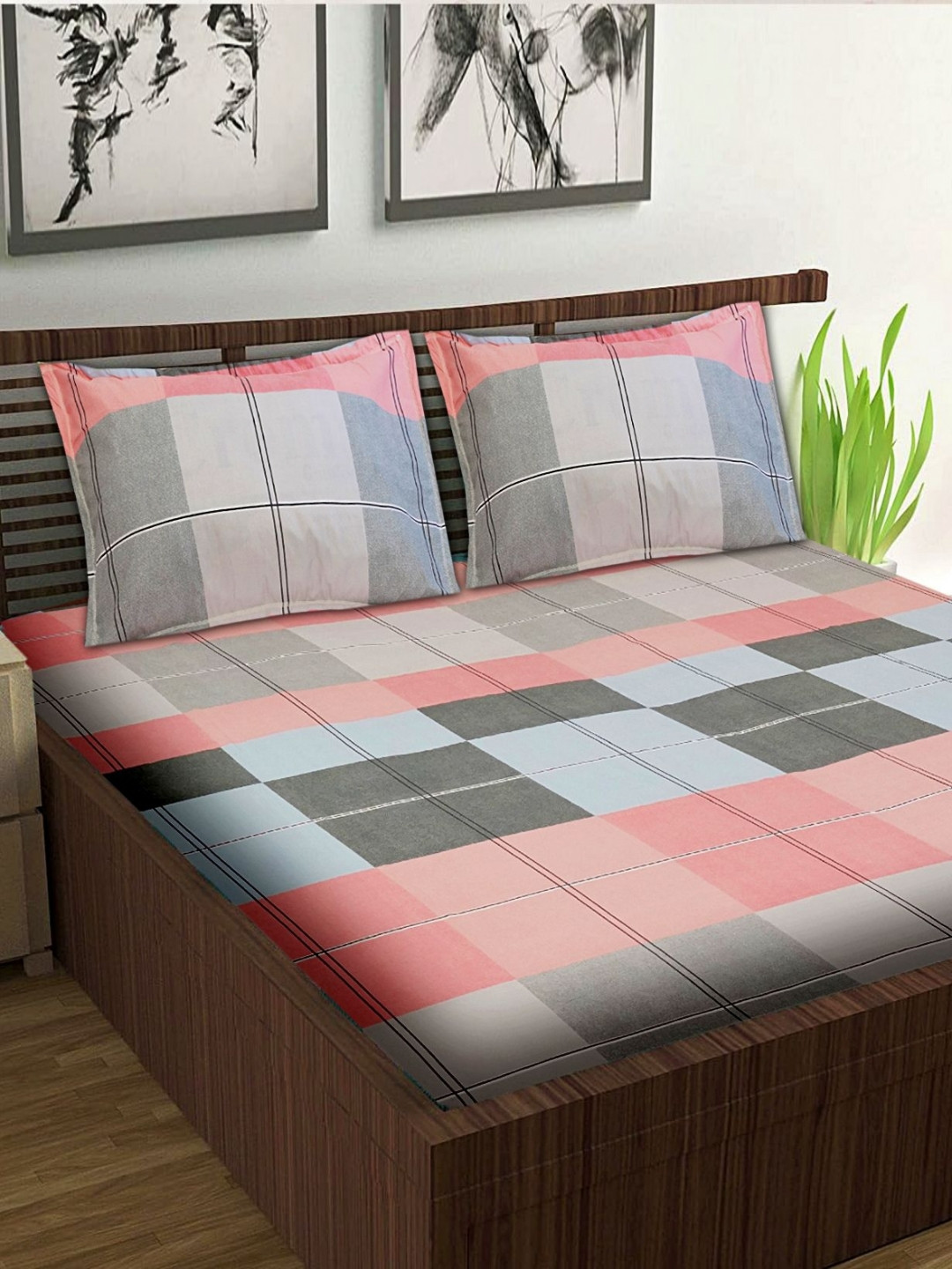 Wee Hours Glace Pink Checked Cotton 210 TC Queen Fine Bedsheet with 2 Pillow Covers-73 x 79 inches
