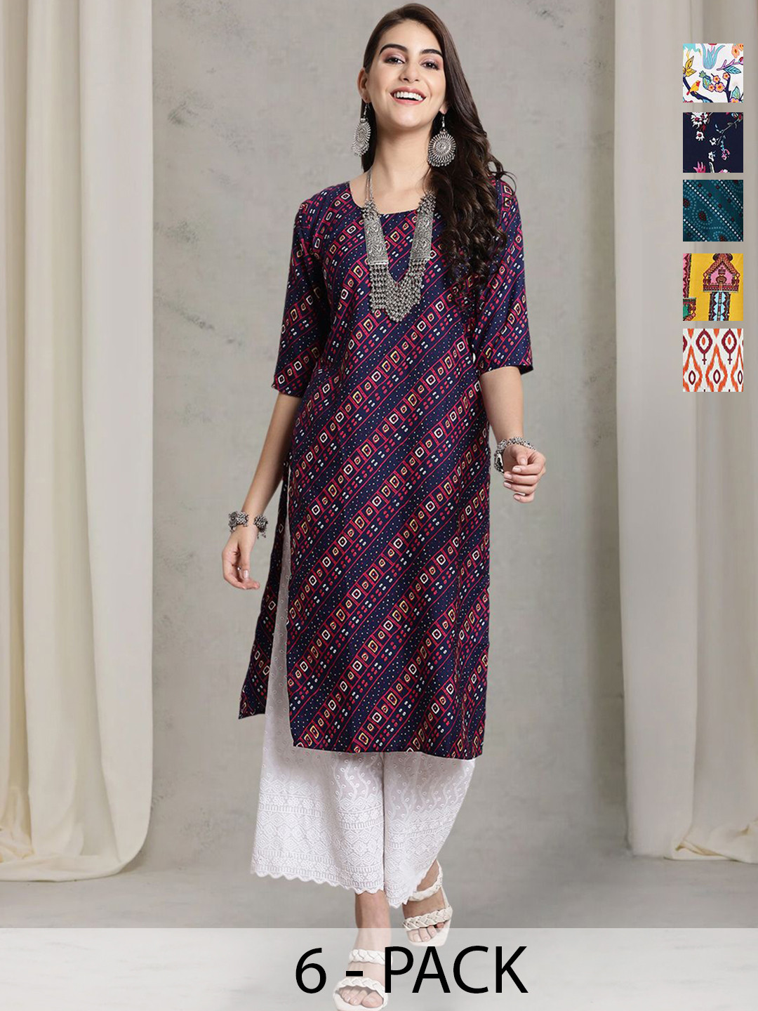 7Threads Women Ethnic Motifs Printed Straight Calf Length Kurtas Thread work pack of 6