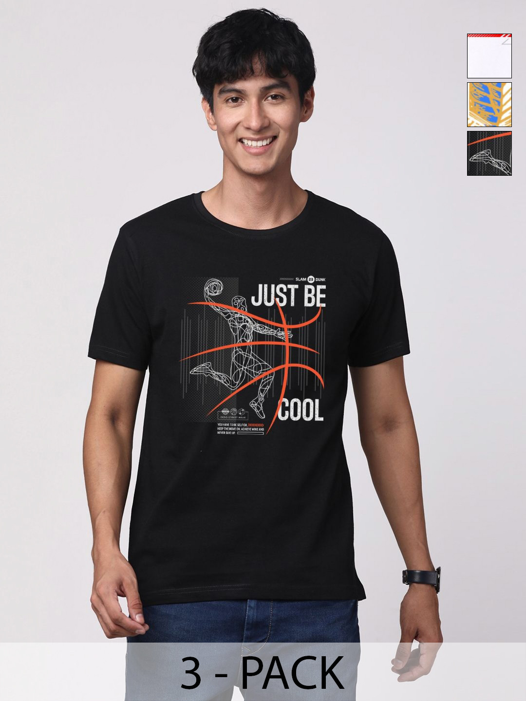 ADRO Men Pack of 3 Graphic Printed Round Neck Cotton T-shirts