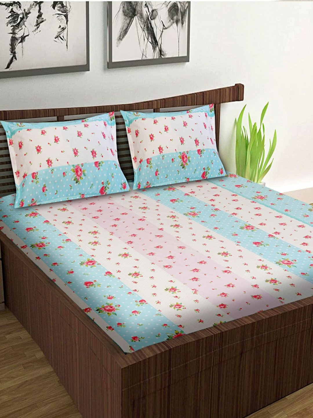 Wee Hours Glace White Floral Polycotton Breathable 210 TC Fitted Queen Fine Bedsheet with 2 Pillow Covers-59 x 87 inches