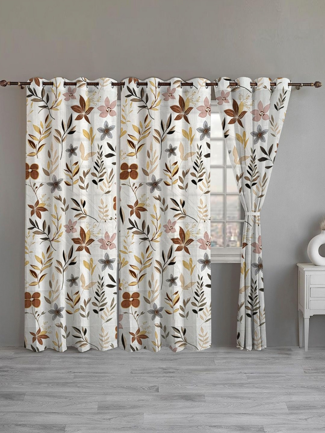 ANA White & Coffee Brown 3 Pieces Floral Room Darkening Door Curtain