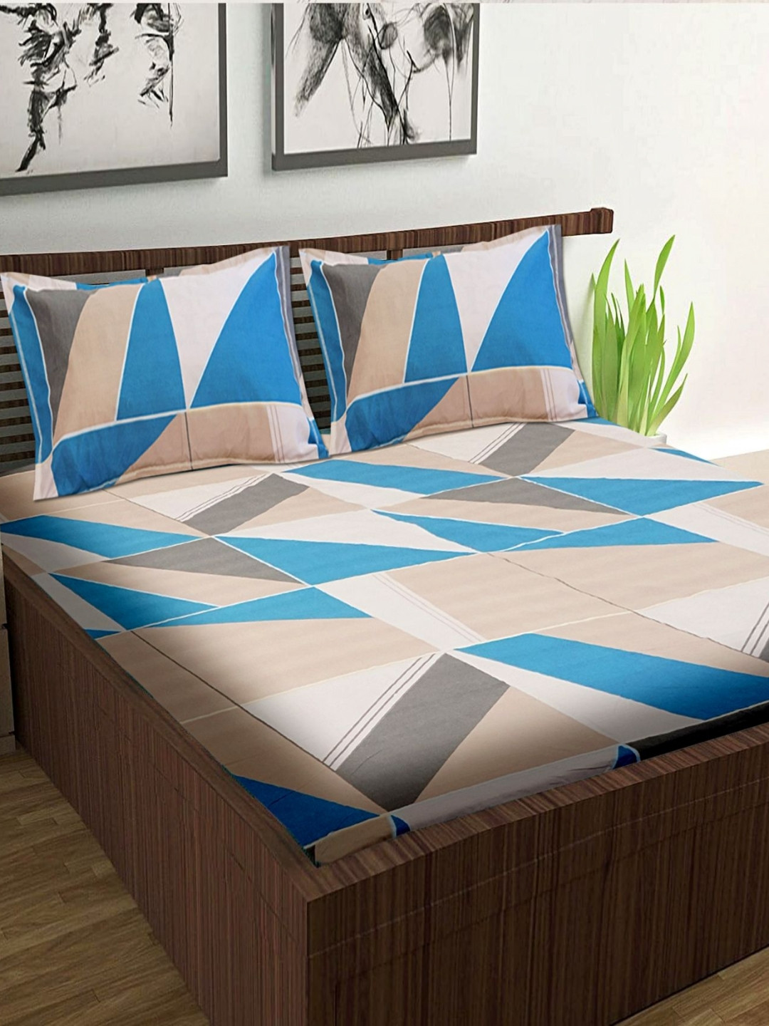 Wee Hours Blue Geometric Cotton Breathable 300 TC King Fine Bedsheet with 2 Pillow Covers-100 x 100 inches