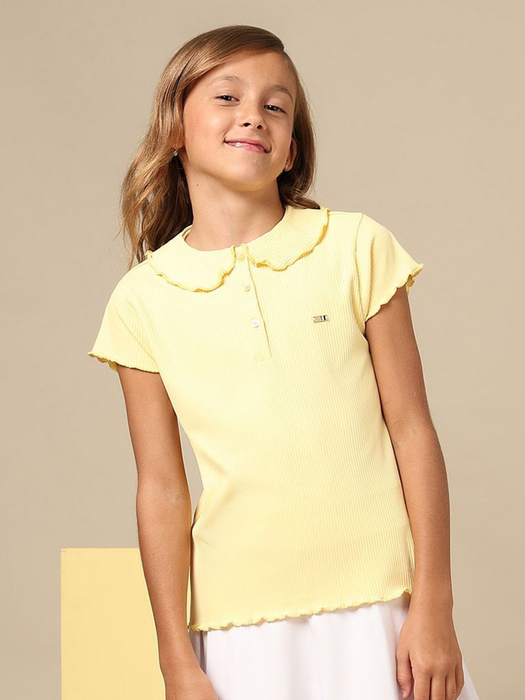 U.S. Polo Assn. Kids Girls Self Design Pure Cotton Relaxed Fit Lettuce Edge T-Shirt