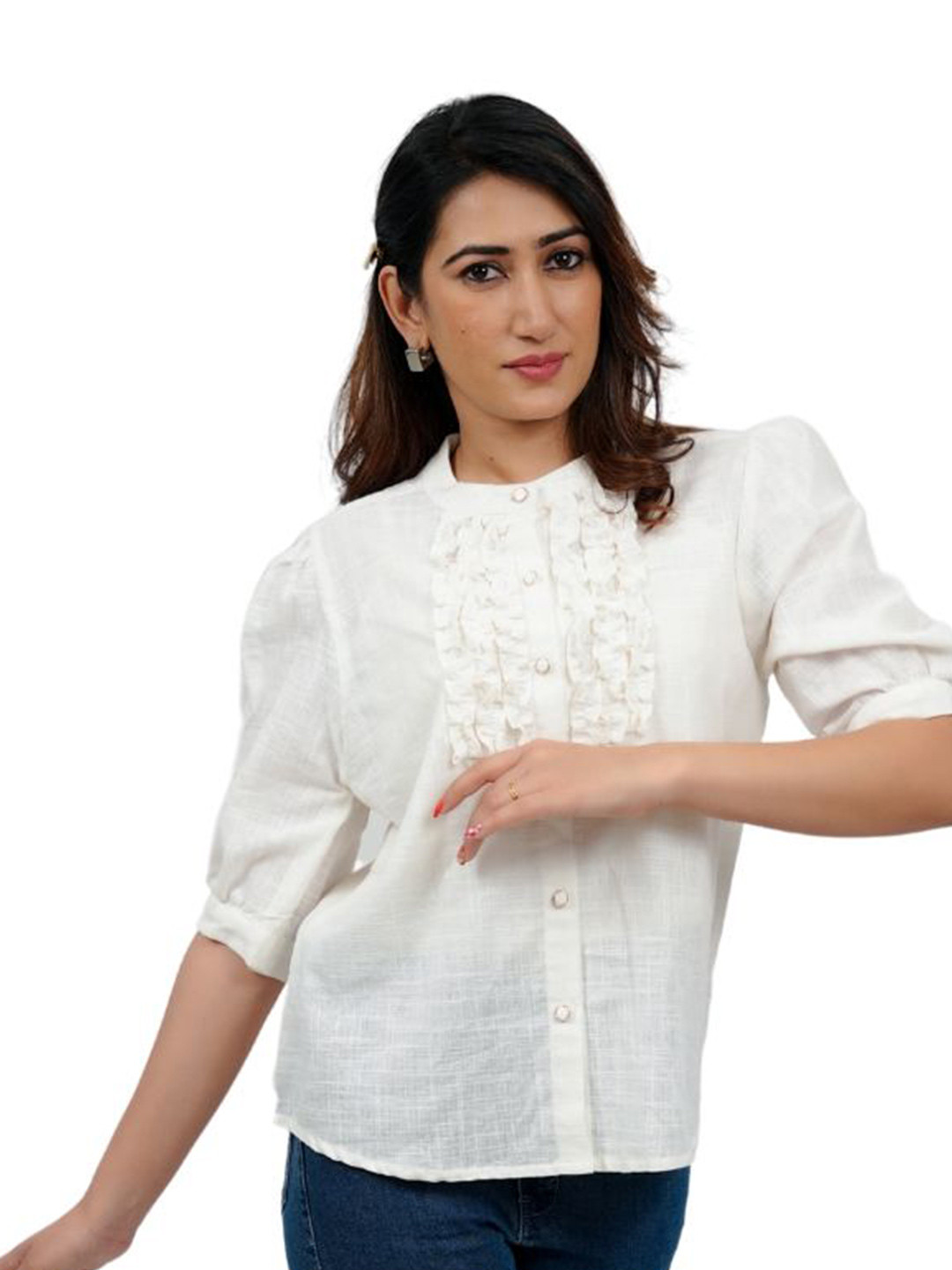 BELLO DONA CLOTHING Cuffed Sleeves Band Collar Ruffles Shirt Style Top