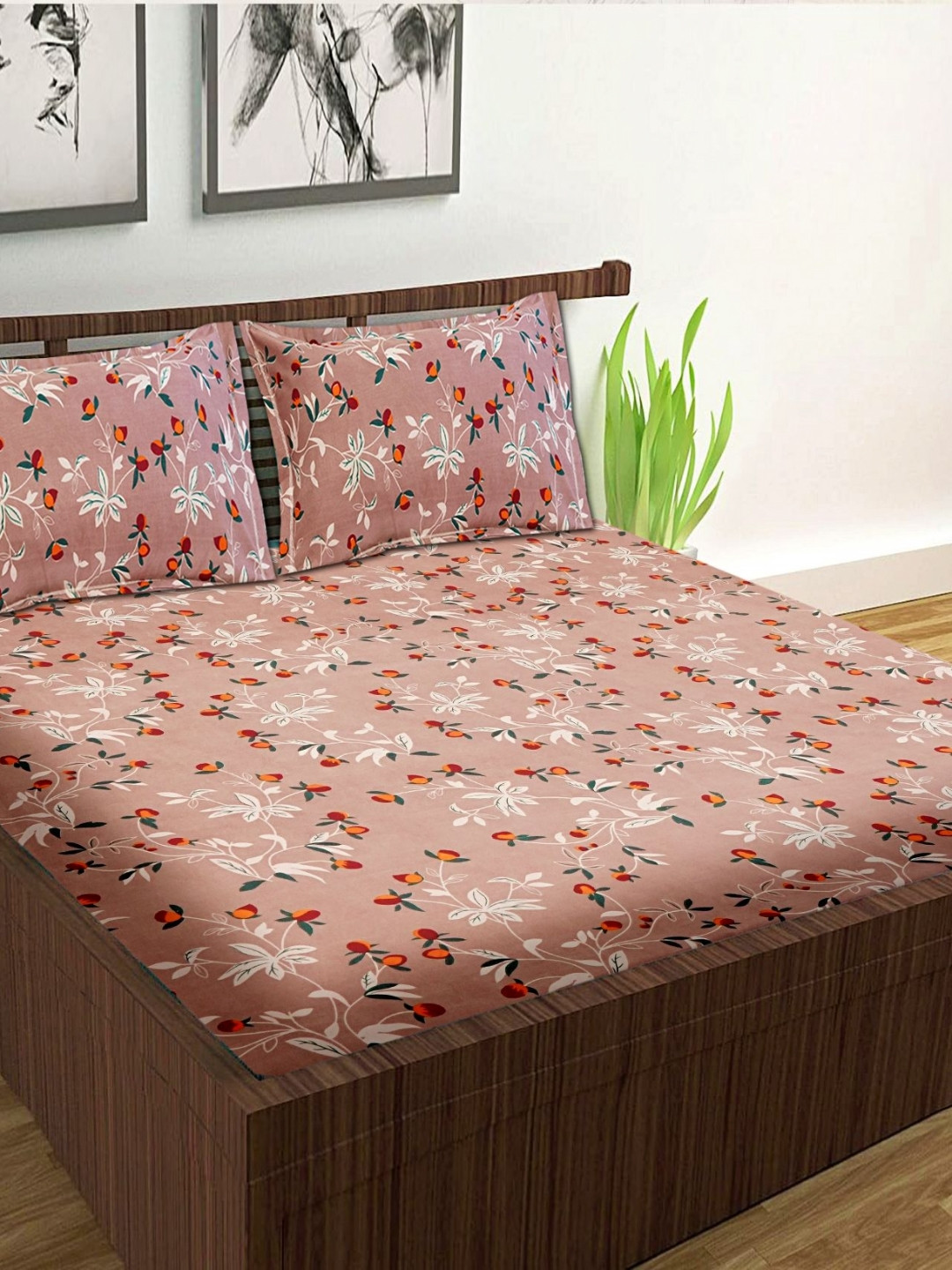 Wee Hours Brown Floral Cotton Breathable 300 TC Fitted Queen Fine Bedsheet with 2 Pillow Covers-91 x 100 inches