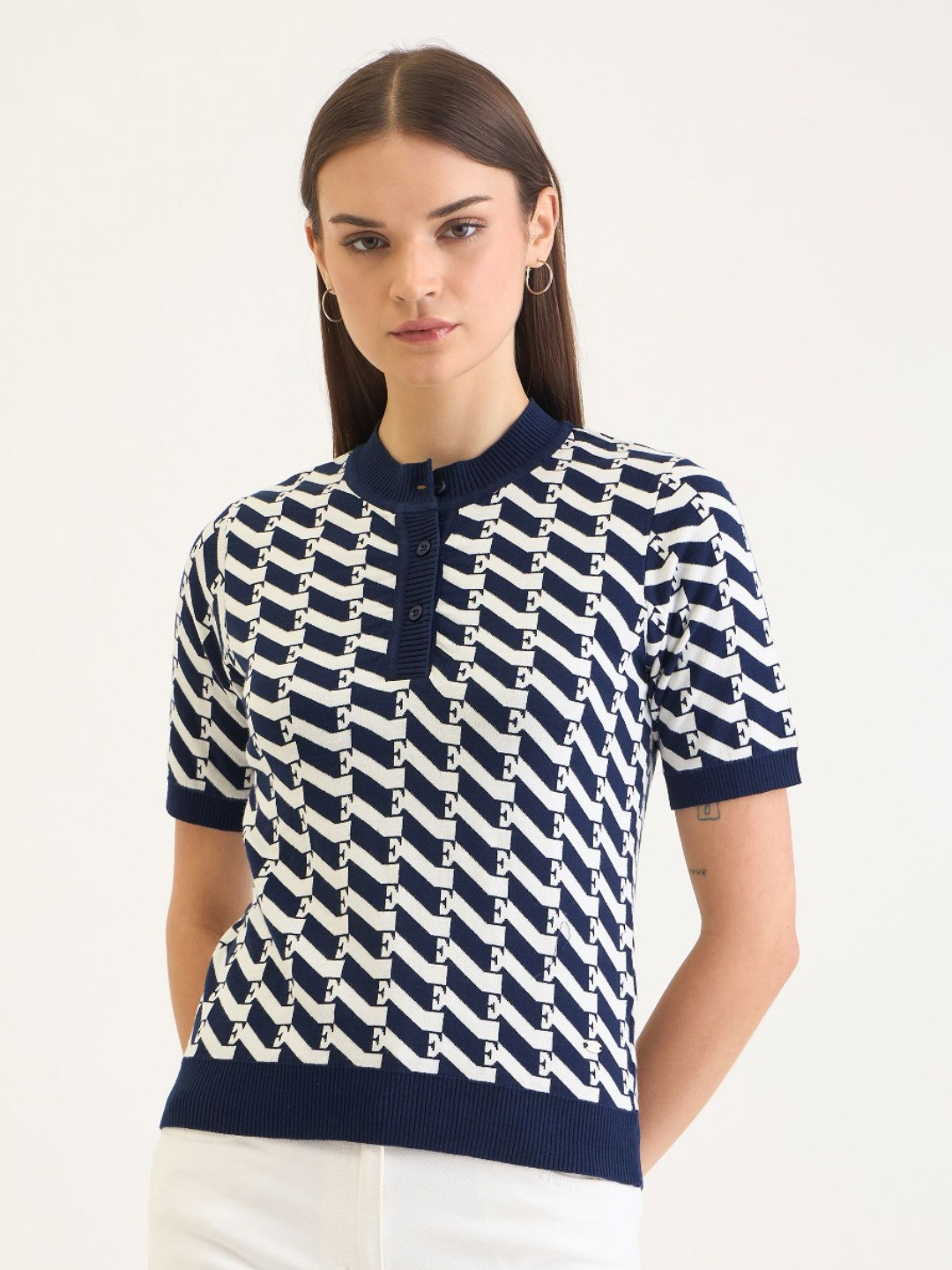 ELLE Women Brand Logo Printed Henley Neck Cotton Relaxed Fit T-shirt