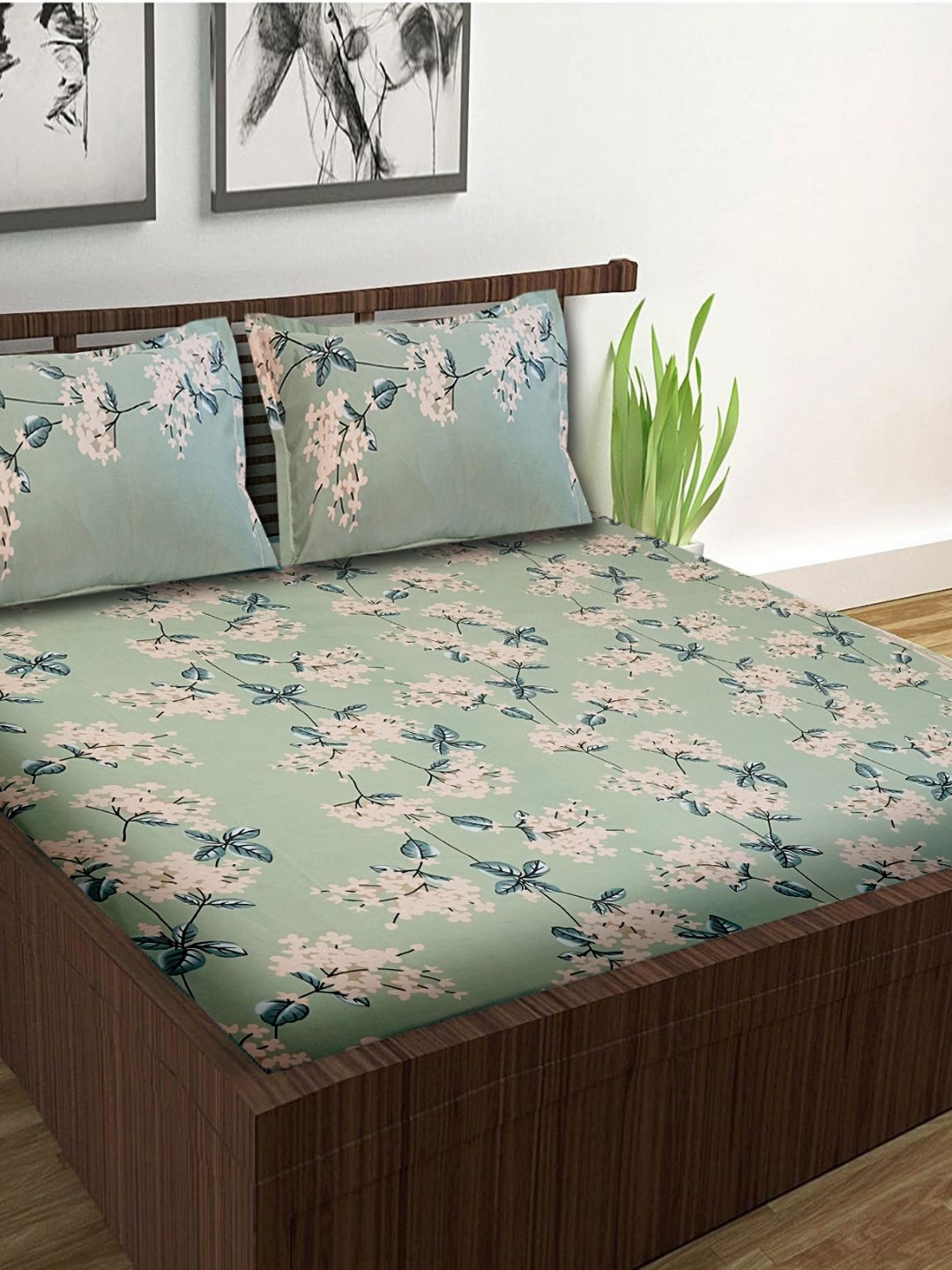 Wee Hours Glace Green Floral Polycotton Breathable 210 TC Queen Fine Bedsheet with 2 Pillow Covers-91 x 100 inches