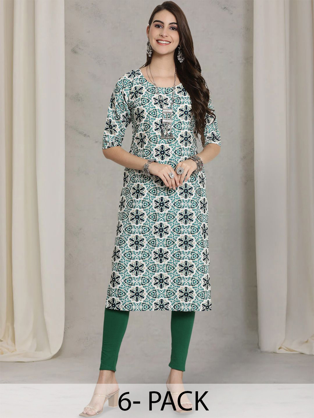 7Threads Women Pack Of 6 Ethnic Motifs Printed Mirror Work Floral Crepe Kurta