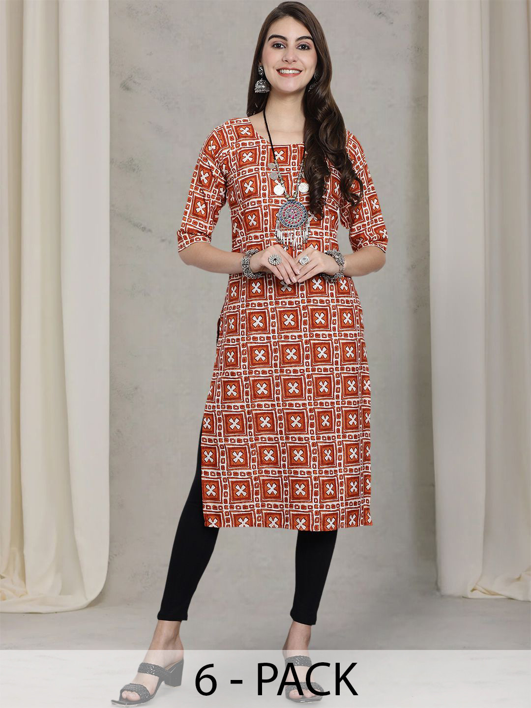 7Threads Women Pack of 6 Ethnic Motifs Printed Mirror Work Floral Crepe Kurta