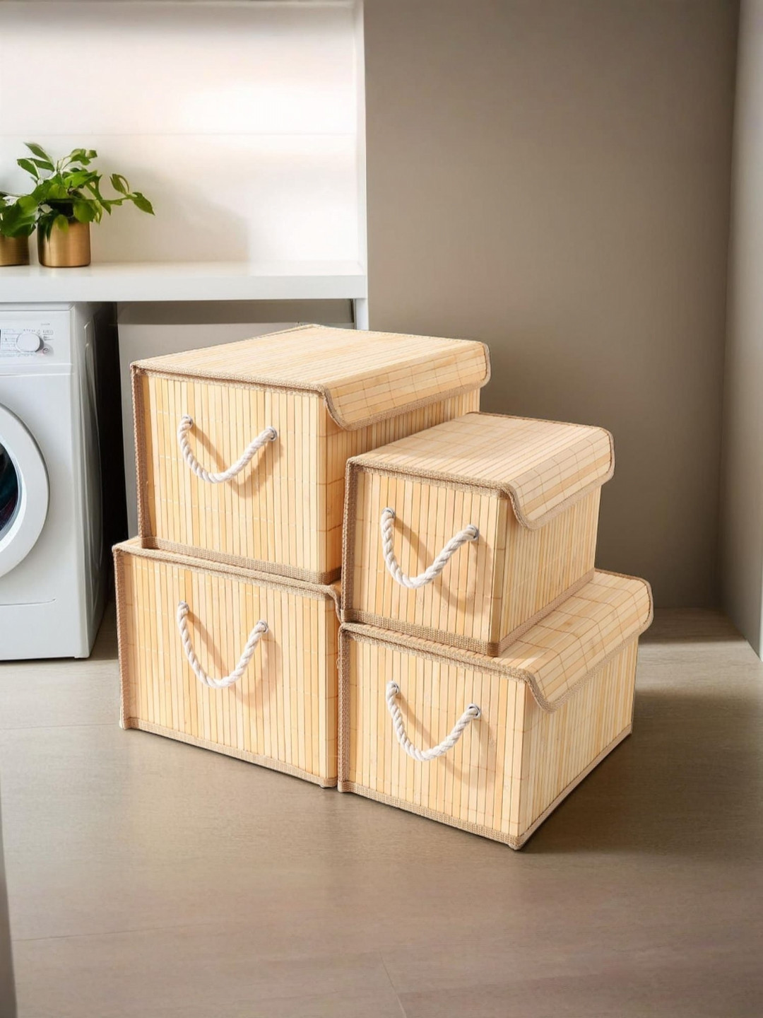 The Better Home Brown 4 Pieces Bamboo Storage Organisers With Lid & Durable Handle