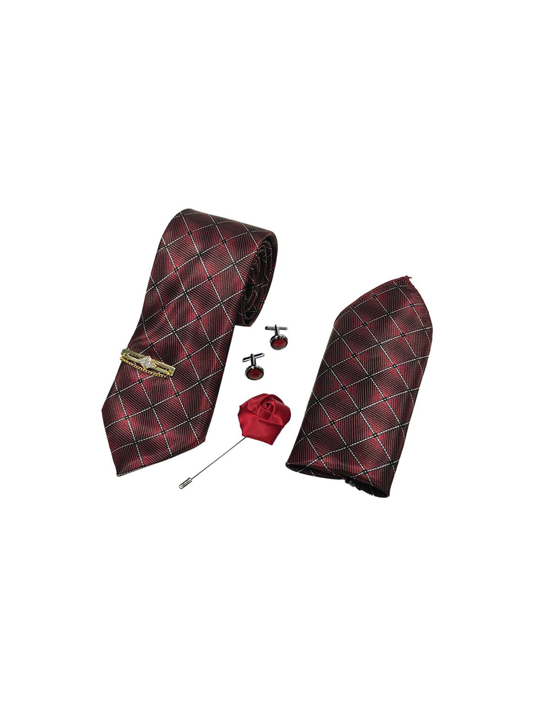 RARE COMBEE GROUP Men Printed Silk Neck Tie Pocket Square & Rose Pin Accessory Gift Set