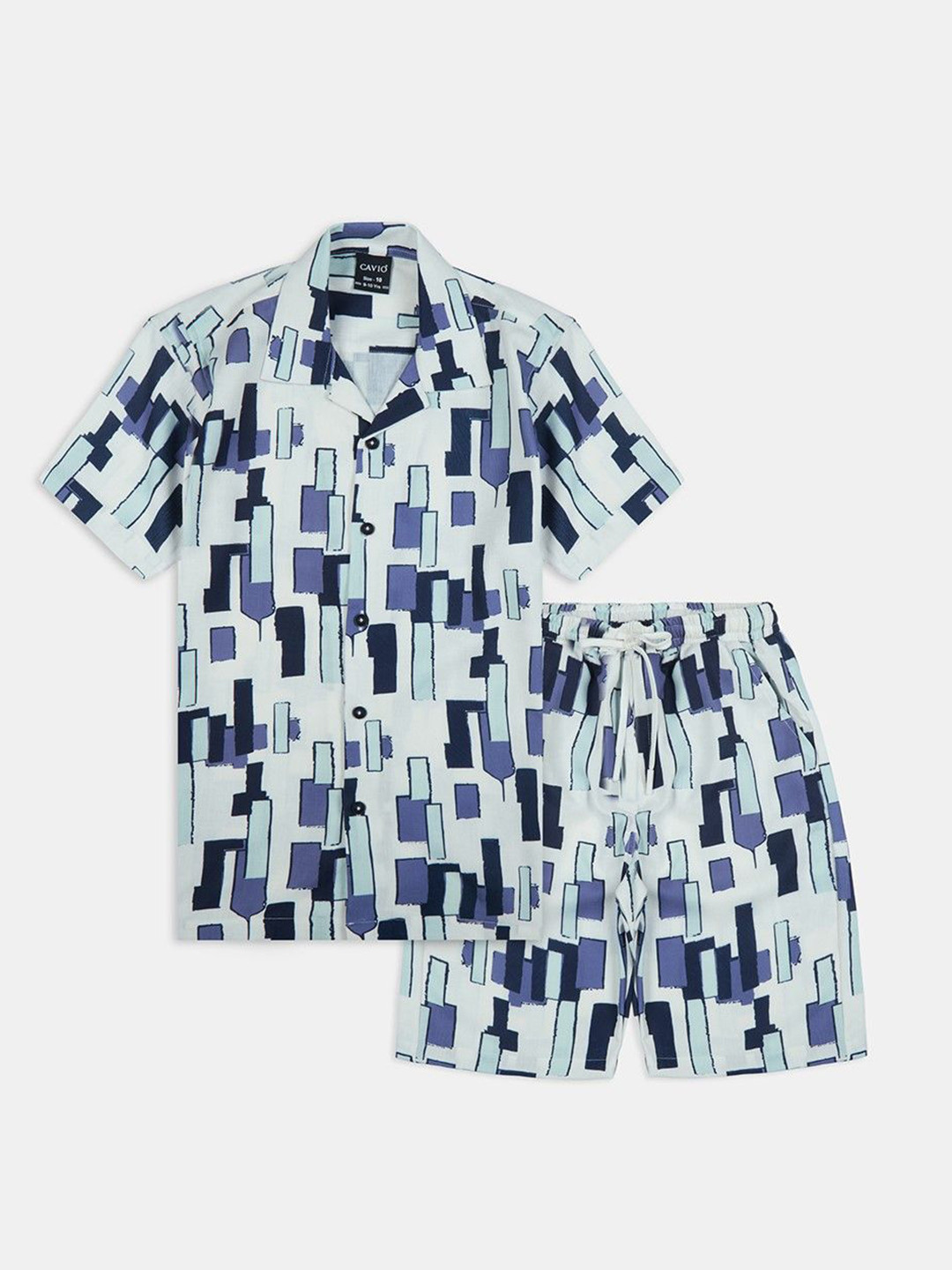 CAVIO Boys Printed Cuban Collar Pure Cotton Shirt With Shorts