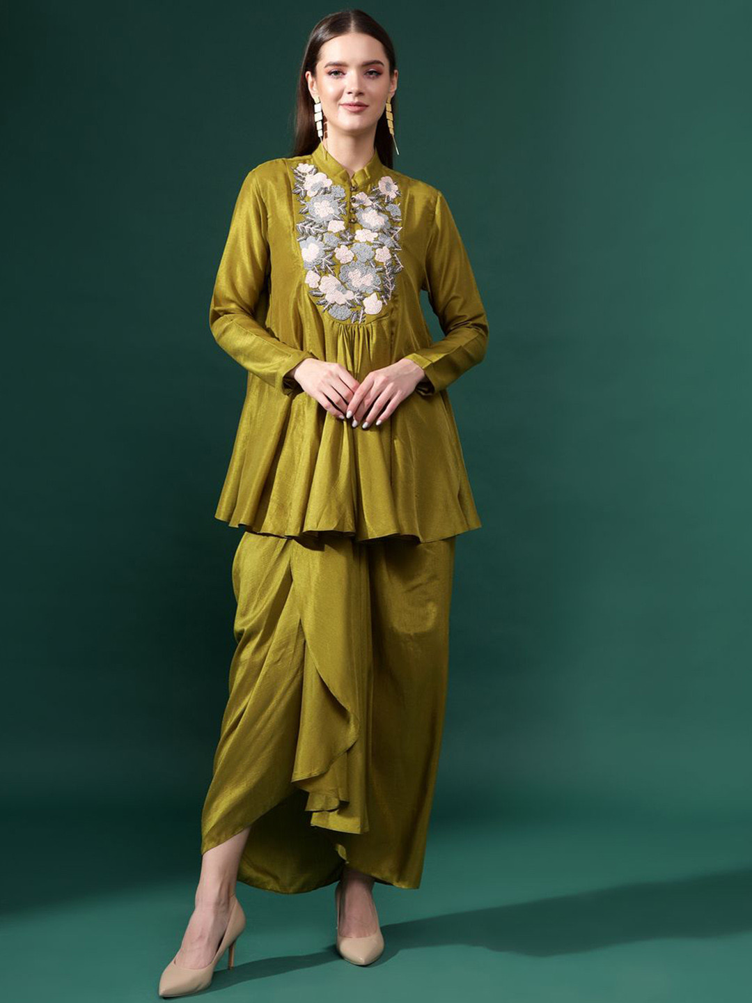 AAKAAR Embroidered High Neck Tunic & Skirt Green Co-Ords