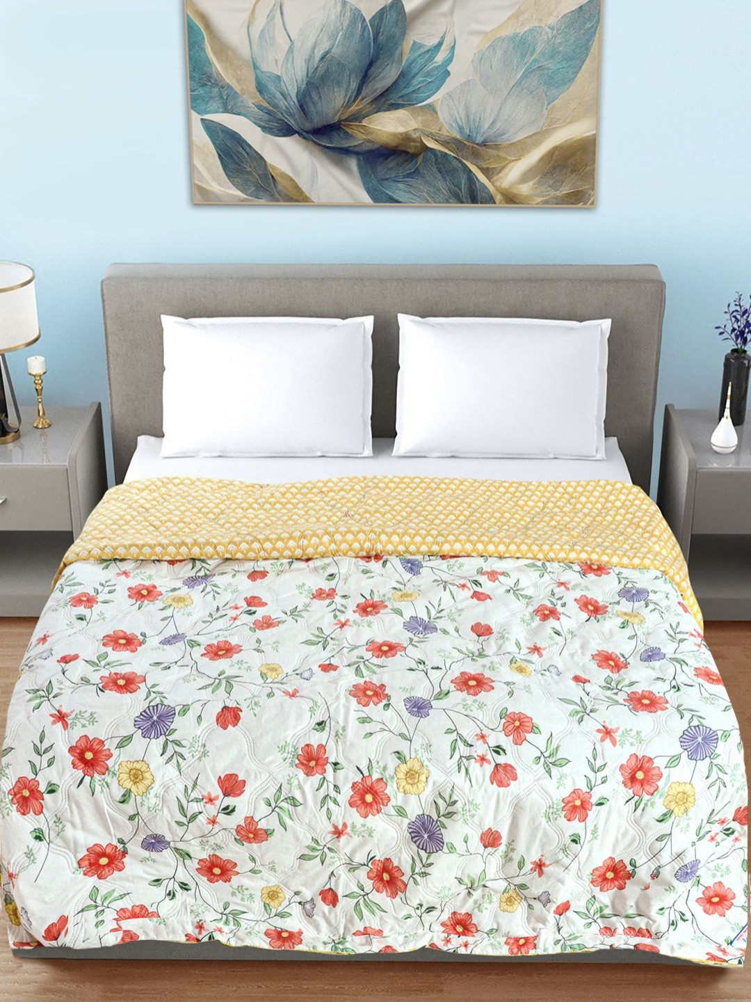 Myntra Elegant Homes White & Gold-Toned Floral AC Room 350 GSM Double Bed Comforter