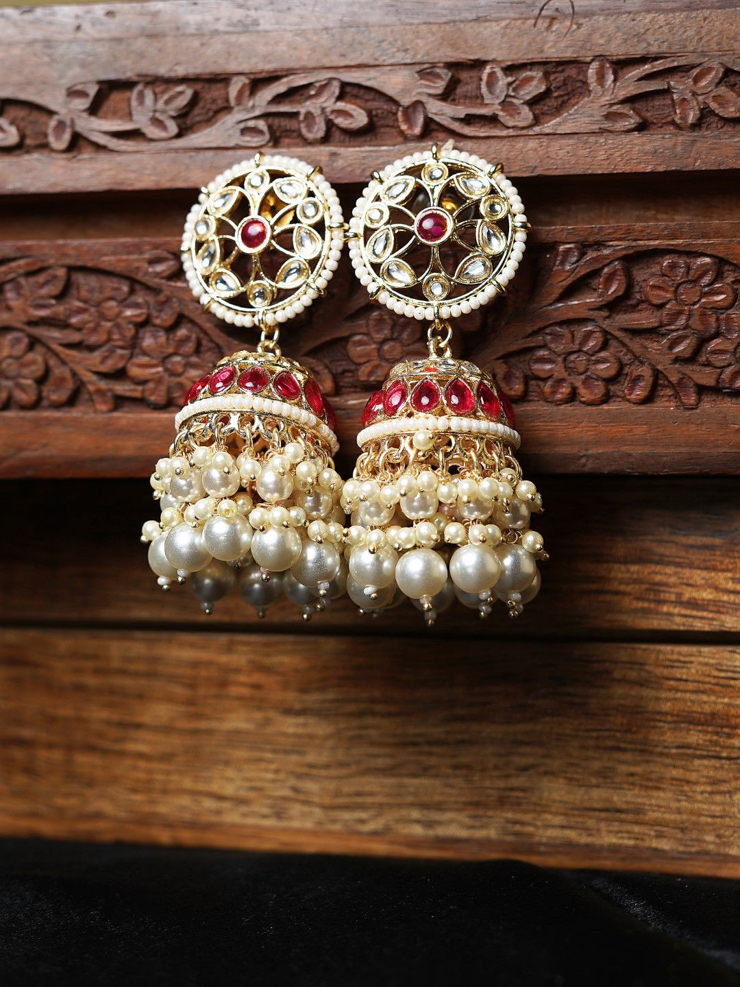 FASHION EMPIRE Traditional Polki Jhumka Earrings Gold-Tone for Weddings & Festive Wear