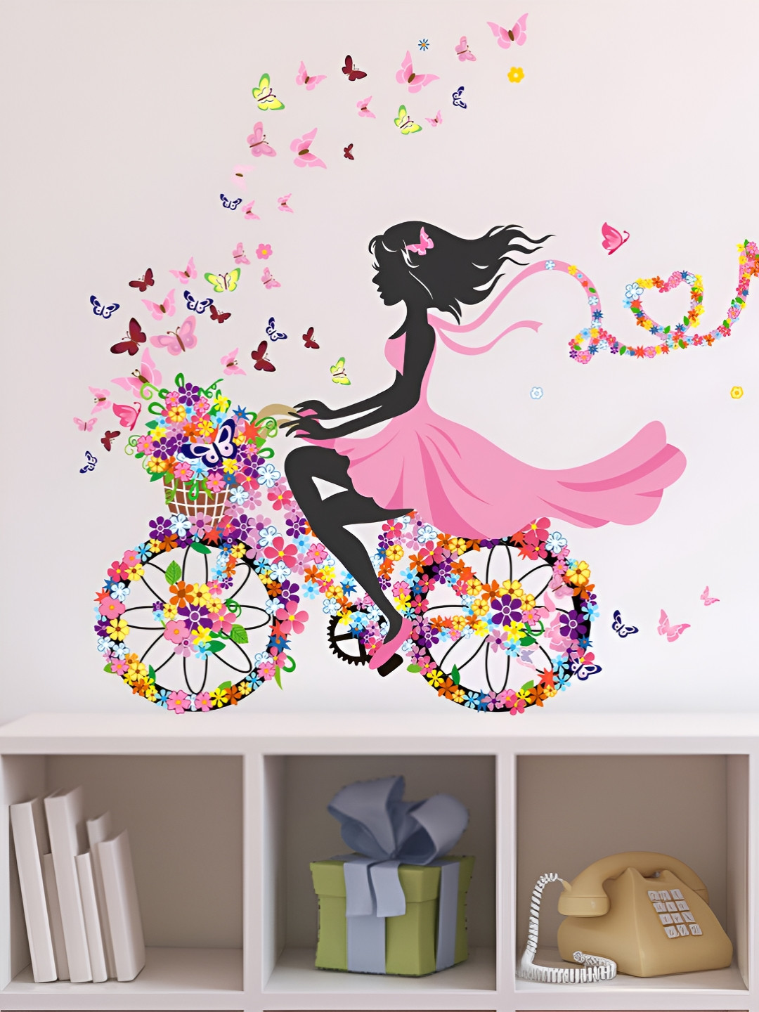 LANSTICK Pink & Black Girl With Cycle Ride & Butterflies Self Adhesive Wall Sticker
