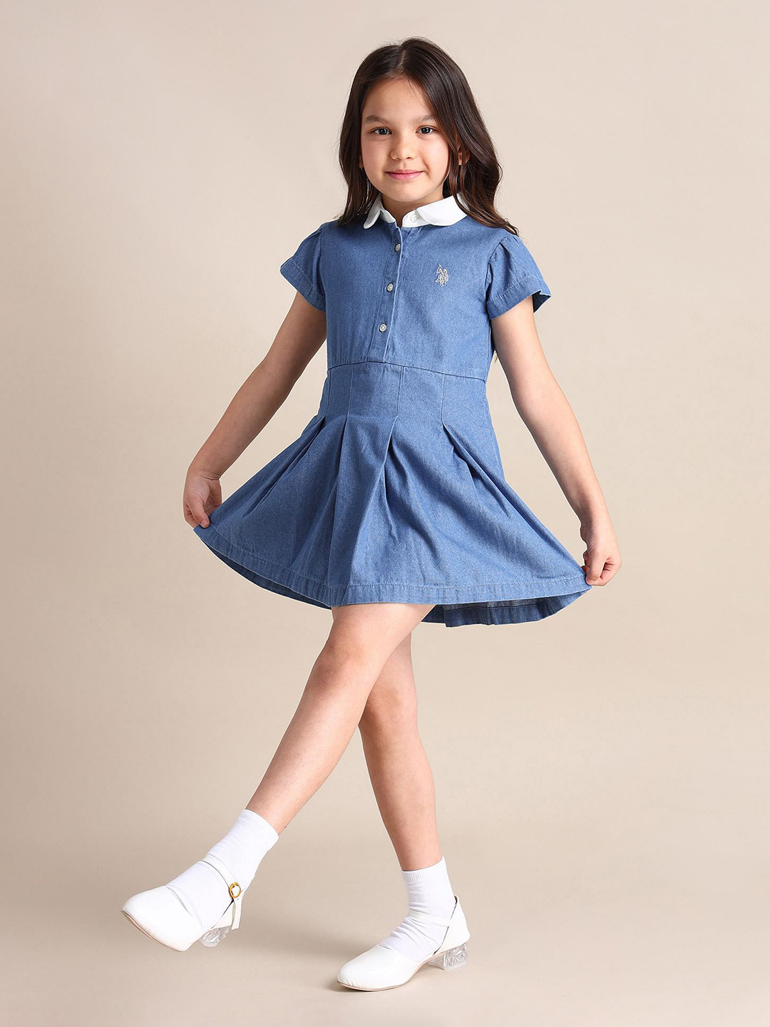 U.S. Polo Assn. Kids Girls Pleated Chambray Pure Cotton Fit & Flare Dress