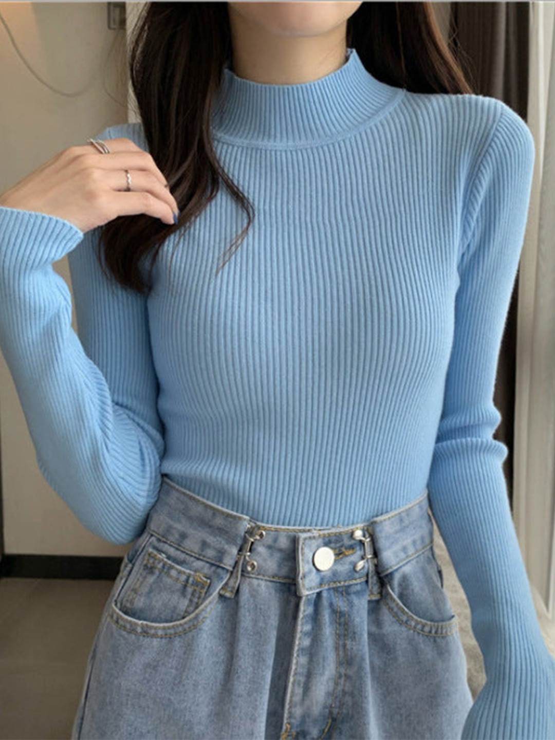 Outzidr Women Blue Ribbed High Neck Long Sleeve Top