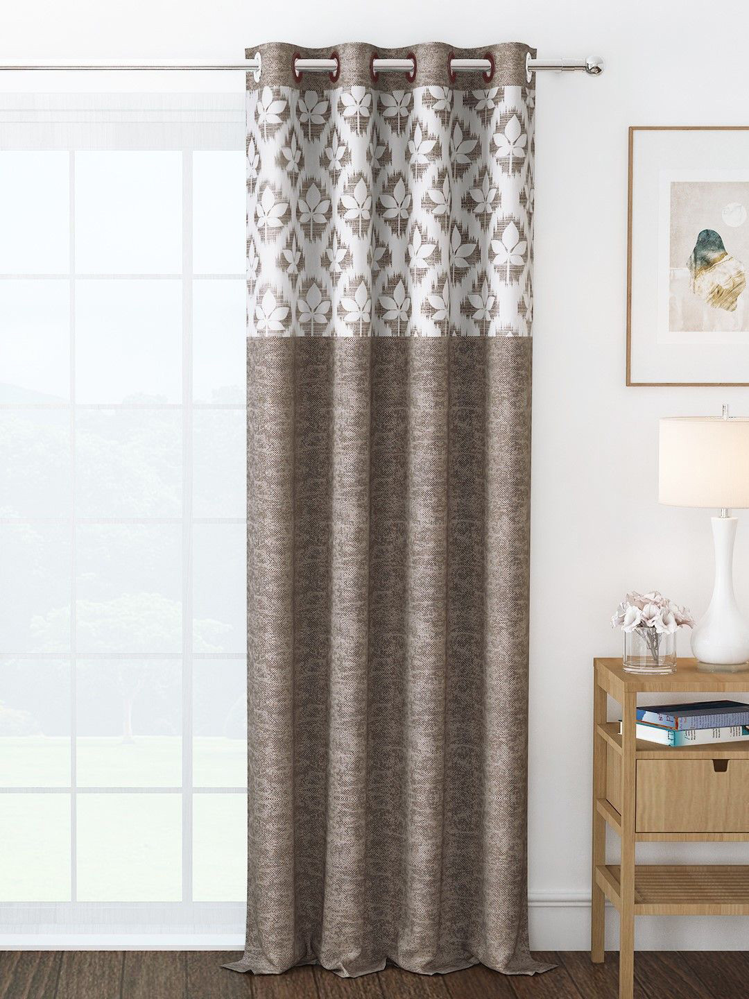 Story@home Topaz Coffee Brown & White Floral Printed Room Darkening Long Door Curtain