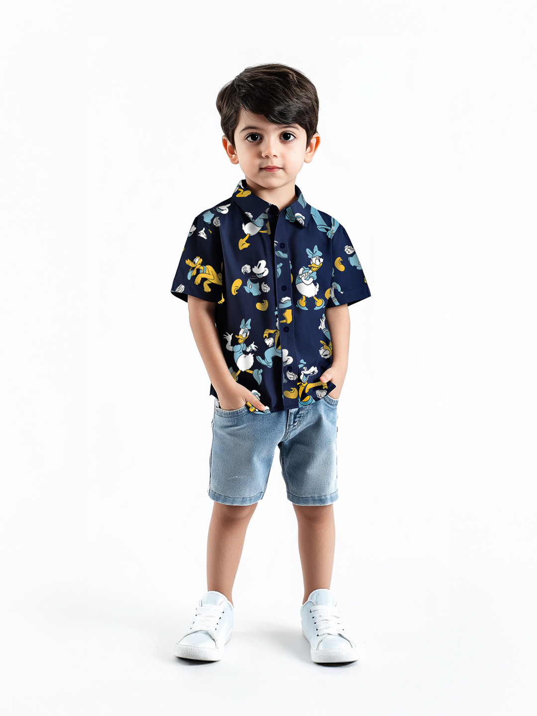 NautiNati Disney Boys Cotton Mickey, Donald and Goofy Print Oversized Shirt