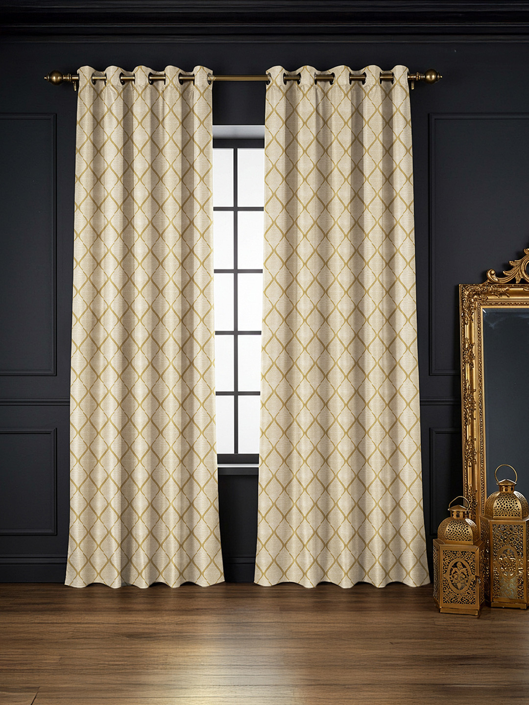 URBAN SPACE Beige & Gold-Toned Set of 2 Geometric Black Out Window Curtain