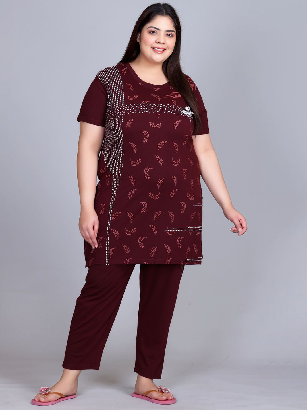 IN Love Women Plus Size Ethnic Motifs Printed T-Shirt With Pyjama Night Suit