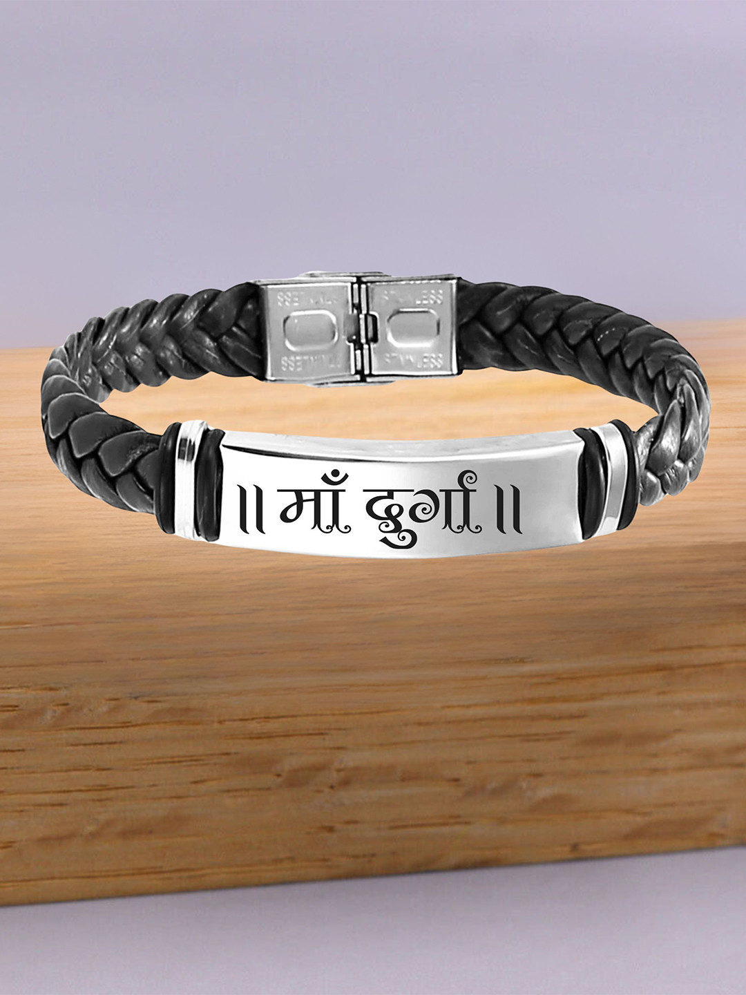 M Men Style Men Silver-Plated Durga Braided Leather Weave Cuff Bracelet