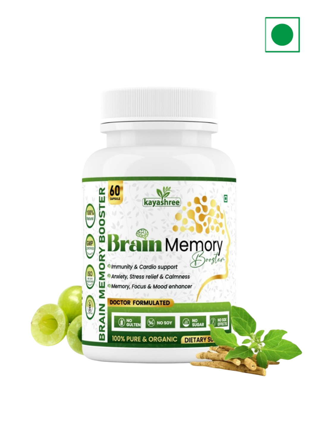 Kayashree Brain Memory Booster Supplement with Ginkgo Biloba - 60 Capsules