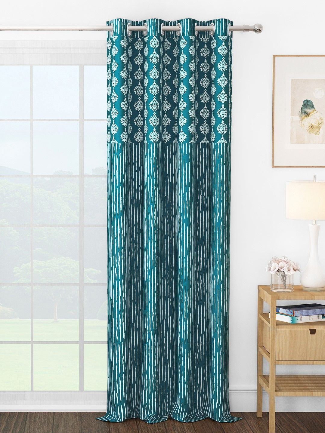Story@home Topaz Turquoise Blue & White Ethnic Printed Room Darkening Long Door Curtain