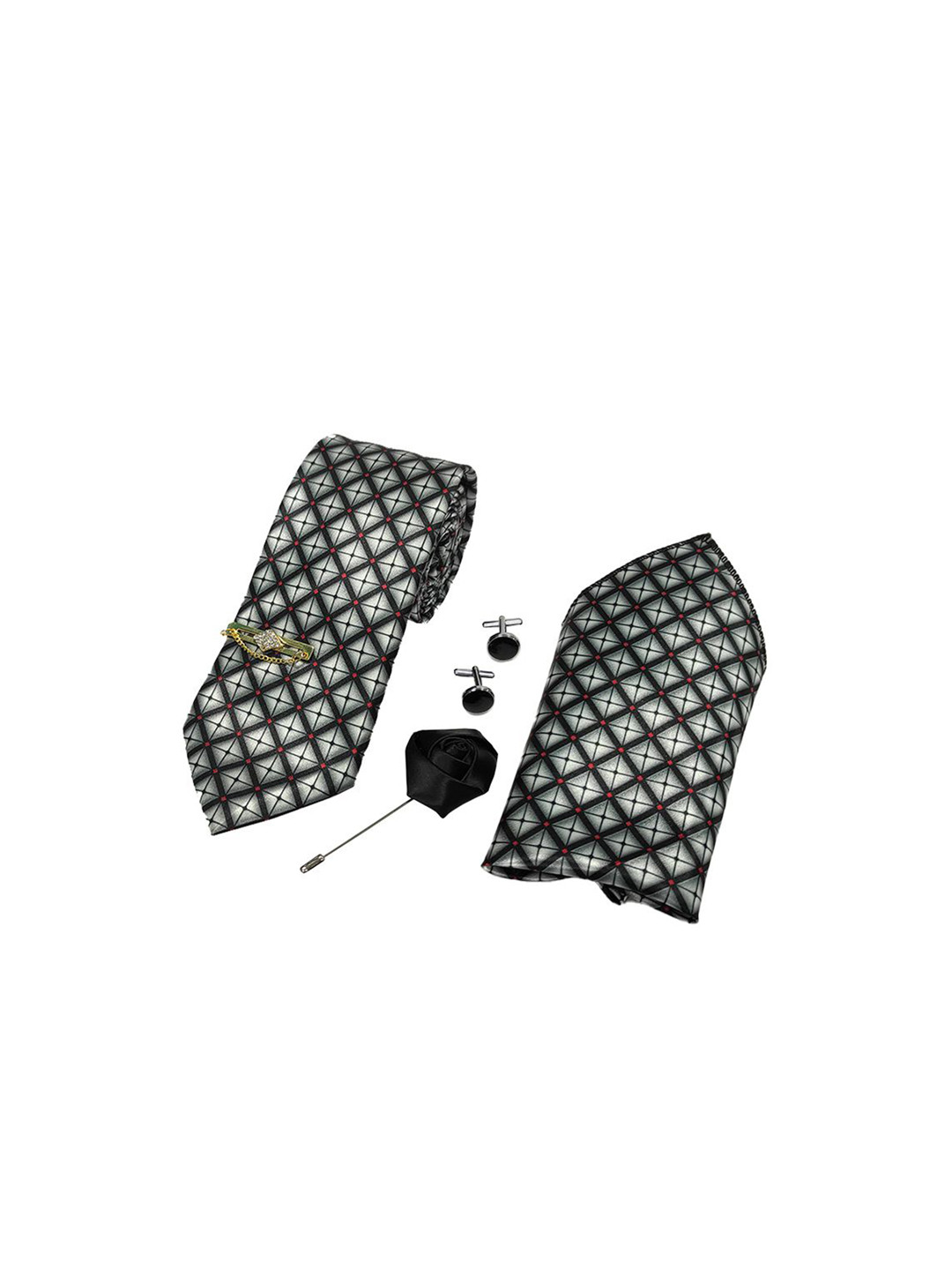 RARE COMBEE GROUP Men Printed Silk Necktie Pocket Square Rose Pin Accessory Gift Set