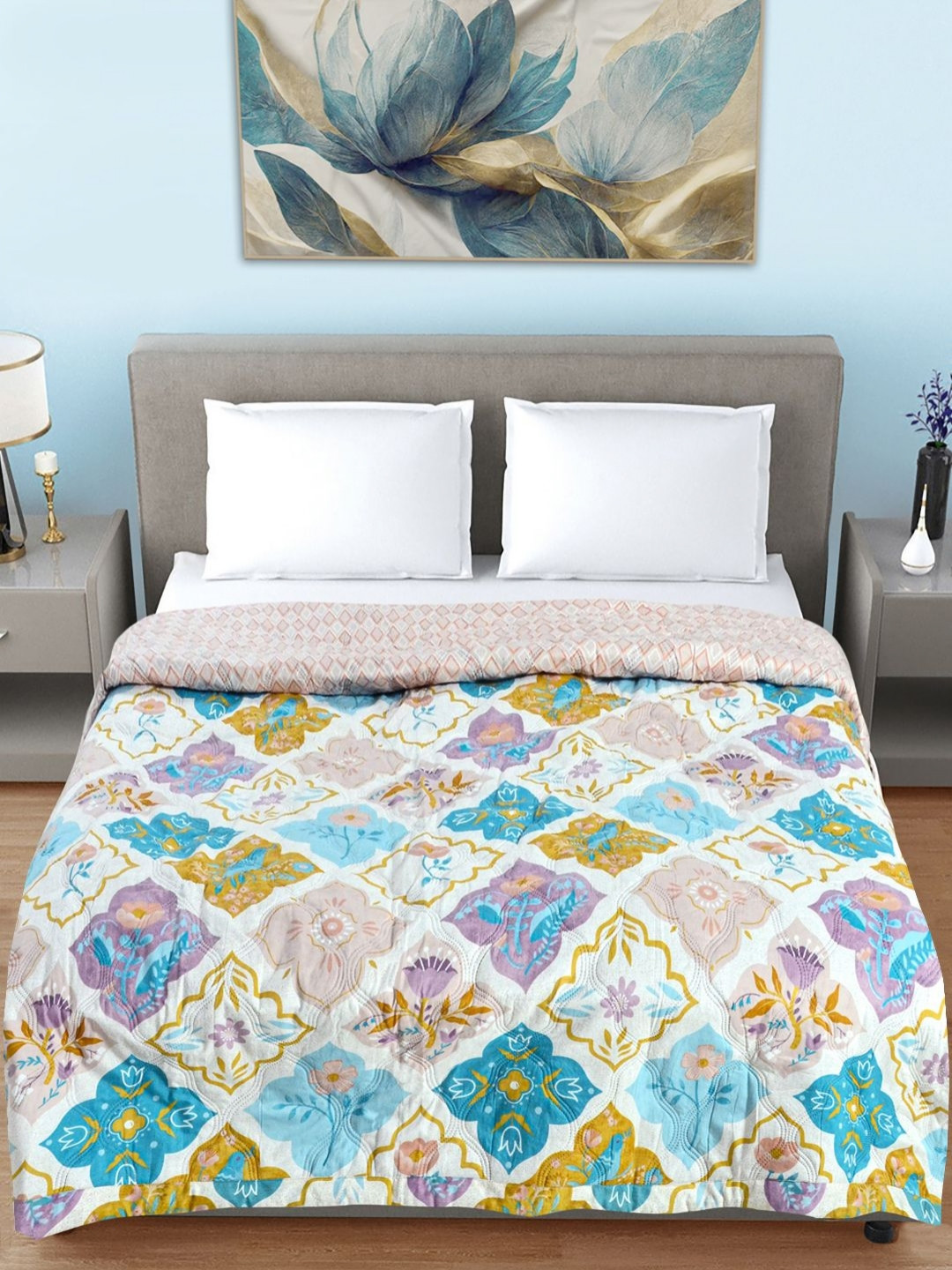 Myntra Elegant Homes White & Blue Printed Quilted AC Room 350GSM Double Bed Comforter