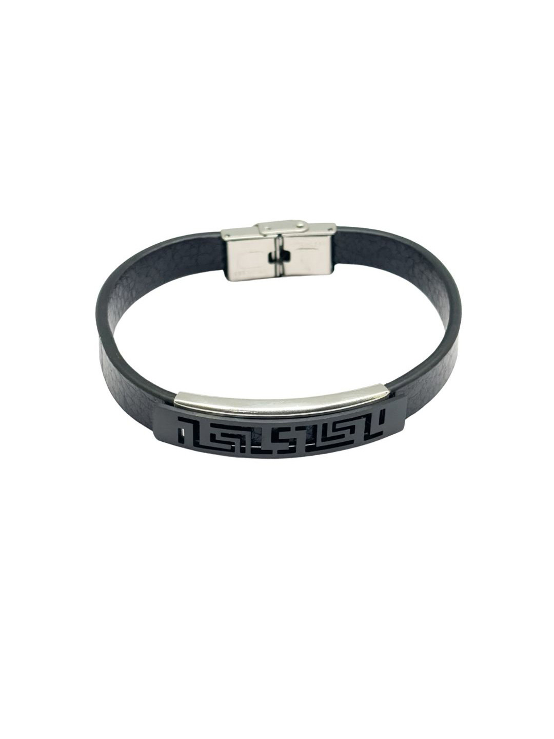 The Tie Hub Men Silver-Plated Greek Key Plate Design Faux Leather Wraparound Bracelet