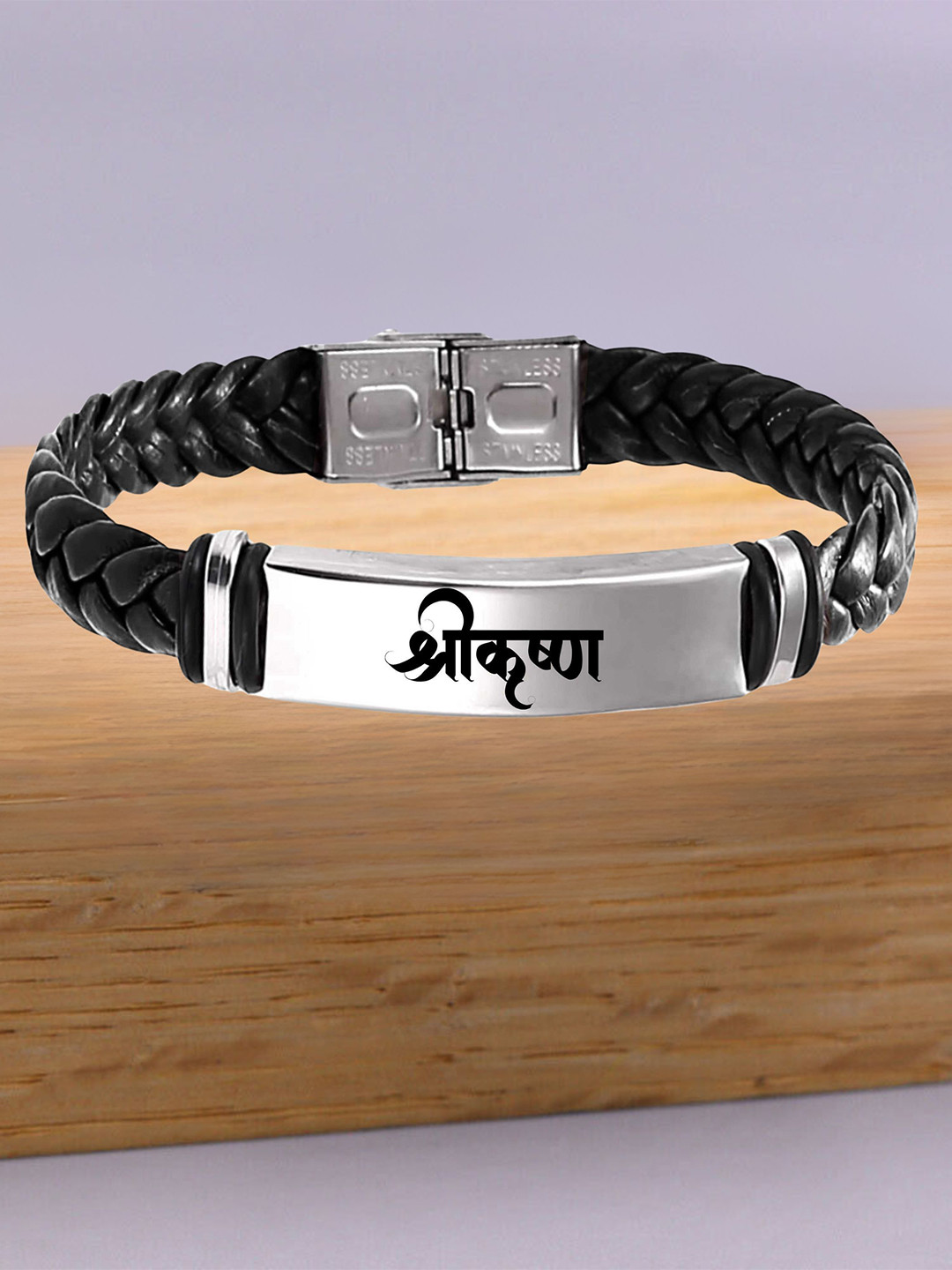 M Men Style Silver-Plated Stainless Steel Shri Krishna Braided Leather Wraparound Bracelet