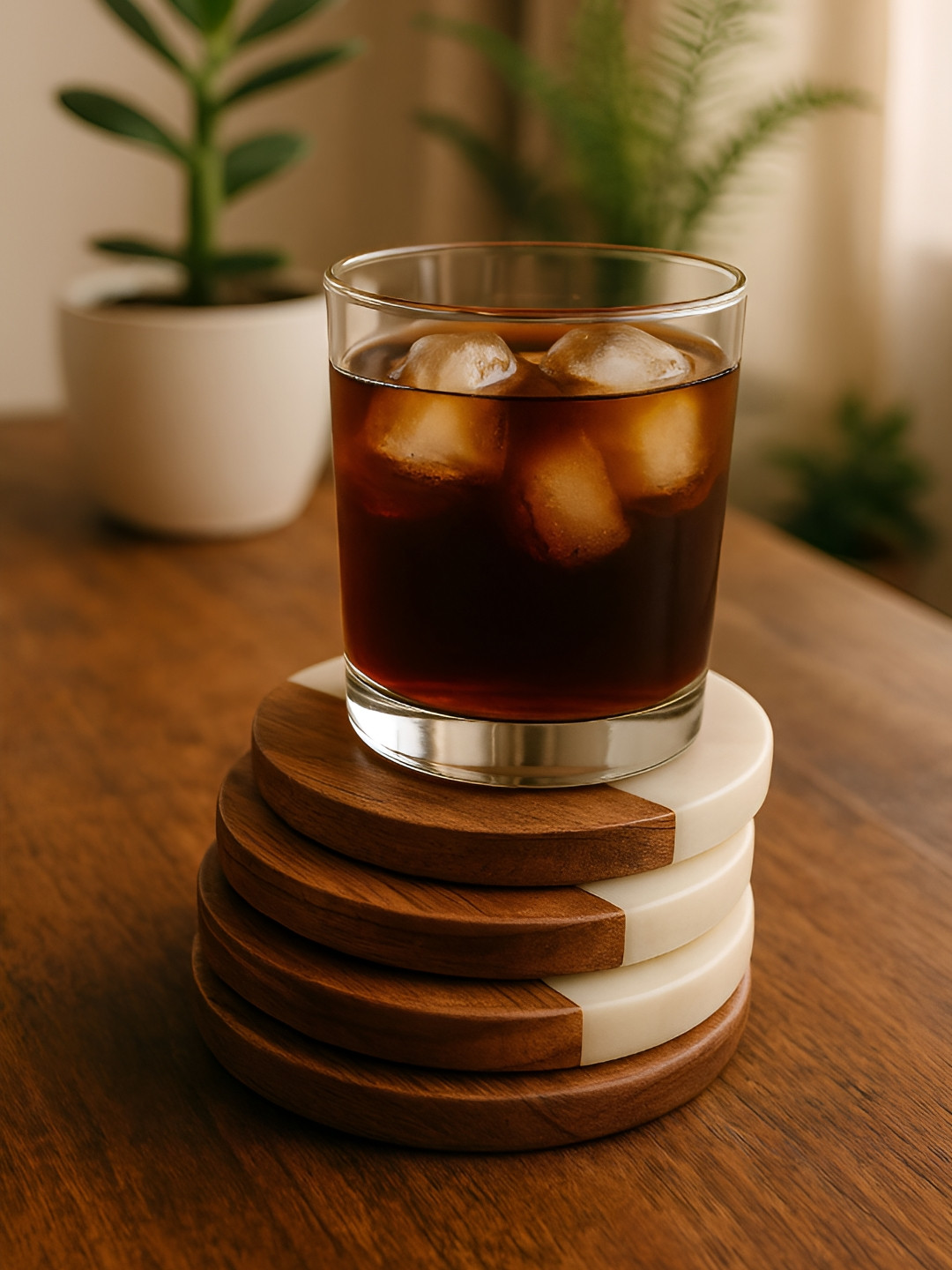 CHAAK DESIGN Set Of 4 White & Brown Round Marble & Wooden Coasters