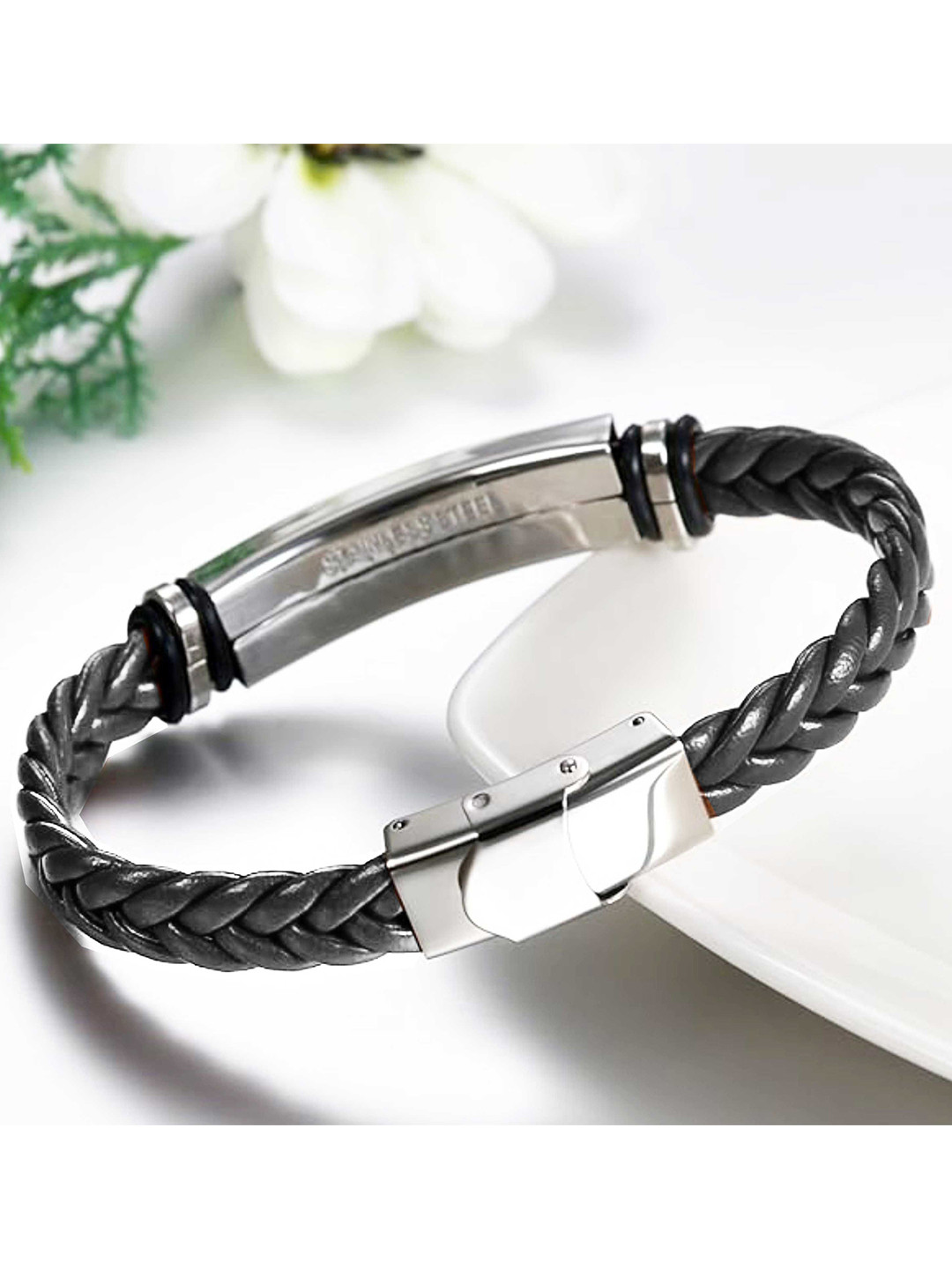 M Men Style Men Silver-Plated Jay Jagnnath Leather Cuff Bracelet