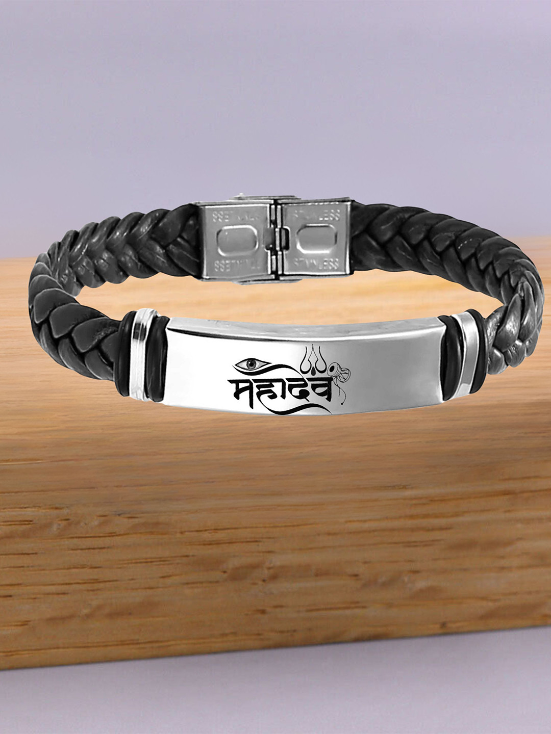 M Men Style Men Silver-Plated Mahadev Braided Leather Cuff Bracelet