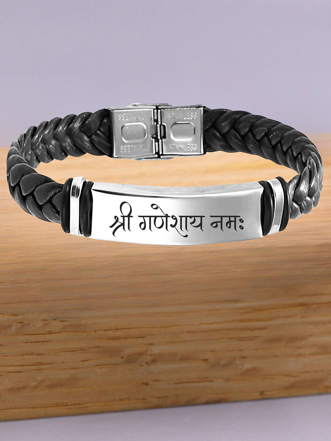 M Men Style Men Silver-Plated Shri Ganeshay Namah Braided Leather Cuff Bracelet