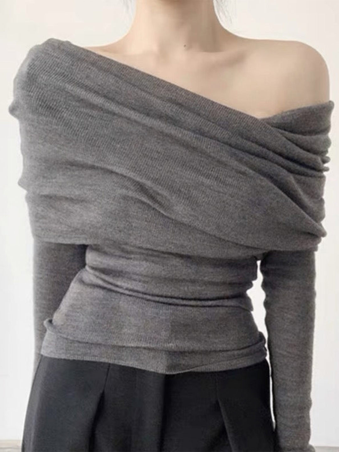 Outzidr Grey One Shoulder Flat Knit Top