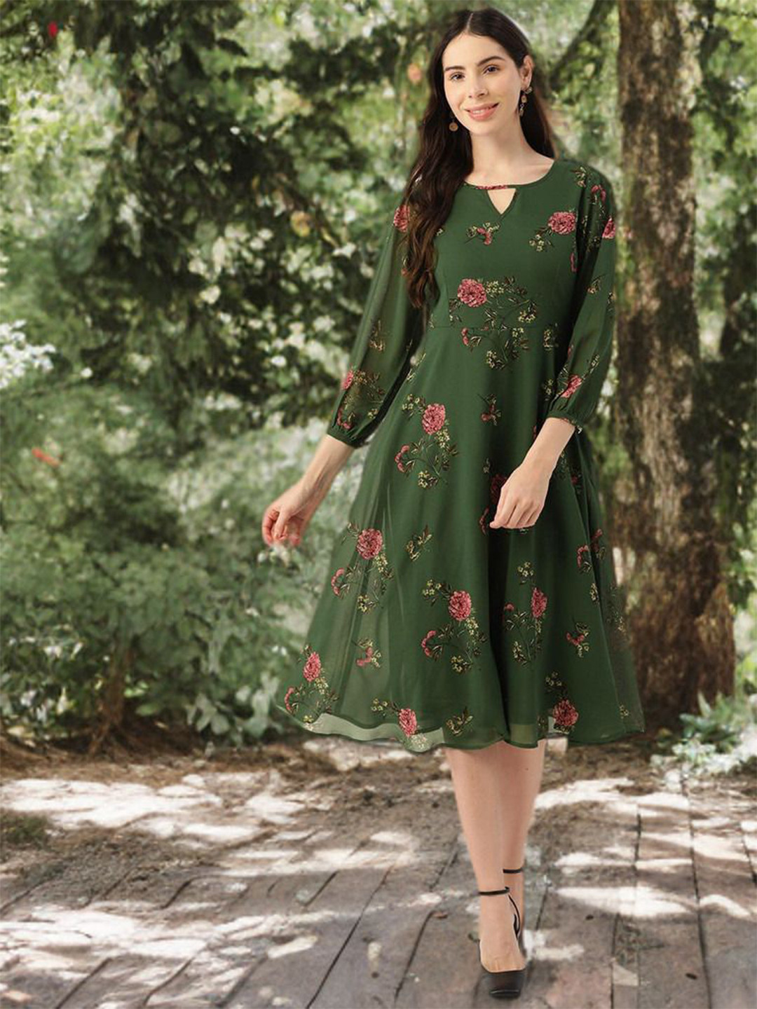 Deewa Women Floral Print Keyhole Neck Puff Sleeve Georgette Fit & Flare Midi Dress