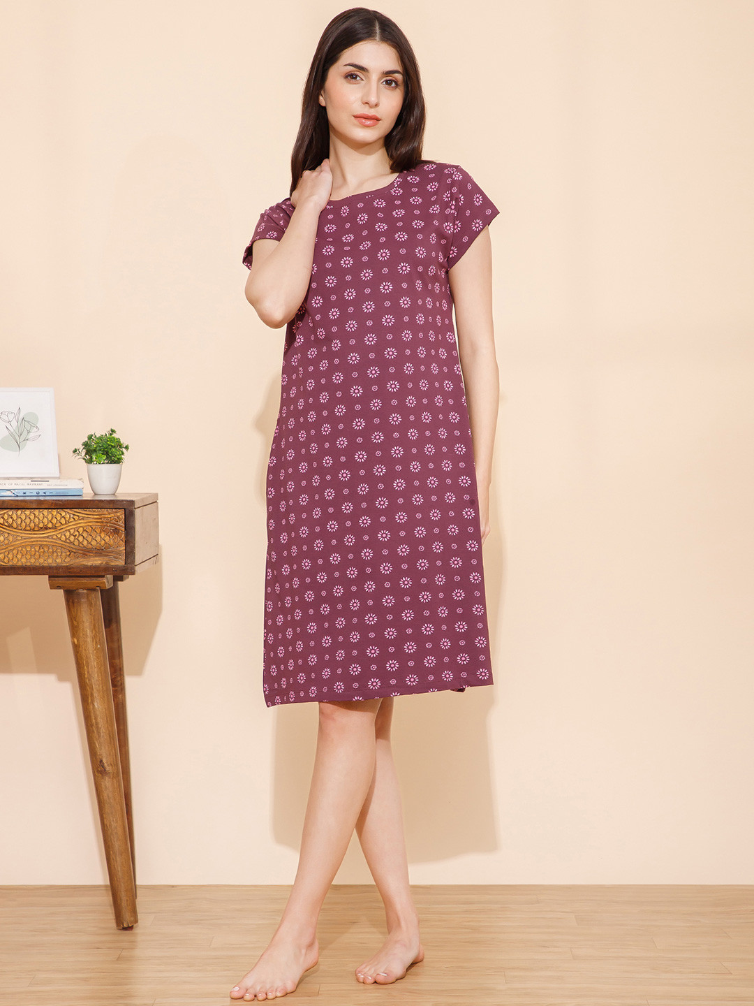 Mushy Mod Women Printed Pure Cotton Knee Length T-shirt Nightdress